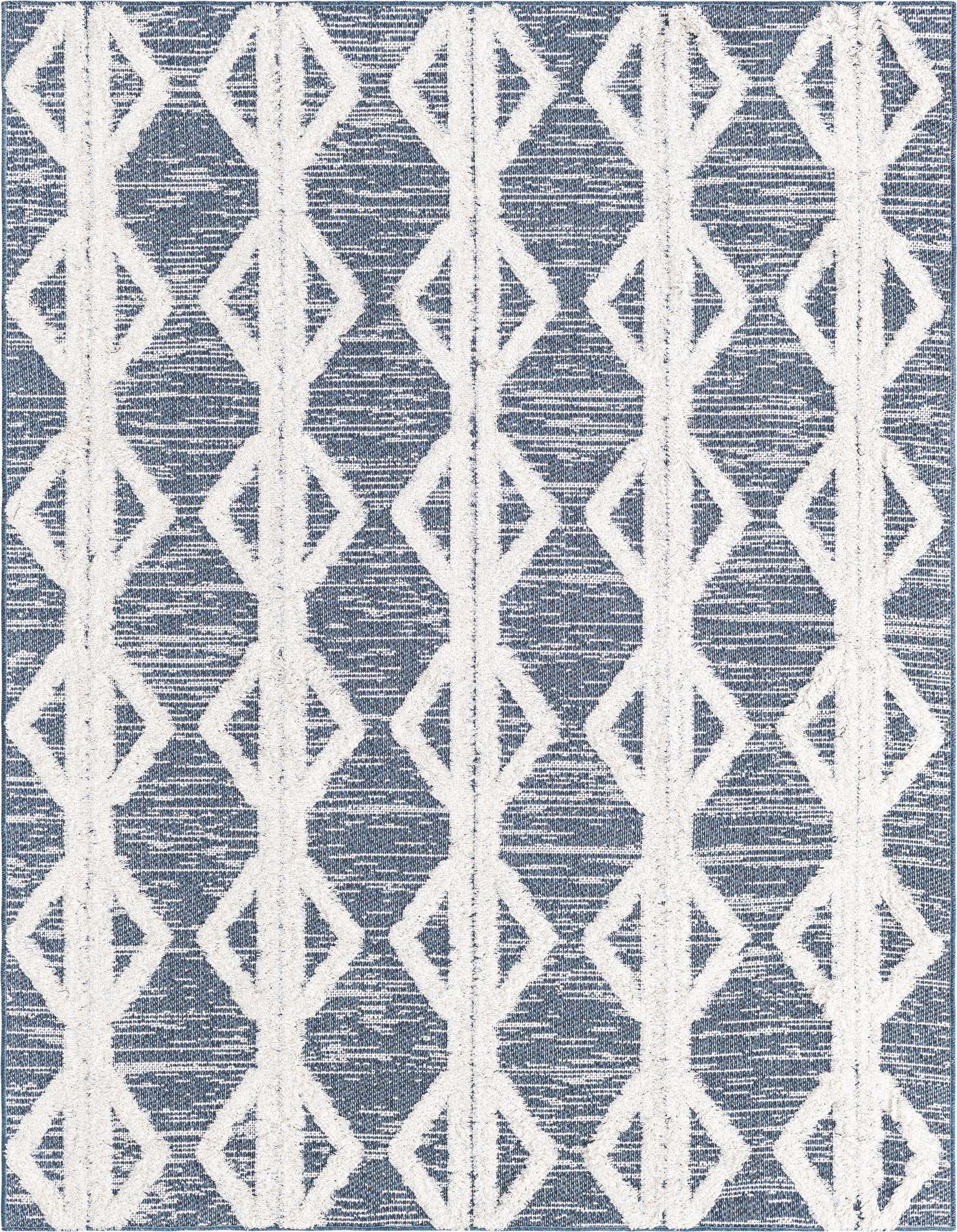 A 4x6 rectangular navy blue and white tribal area rug with a textured, high pile diamond pattern.