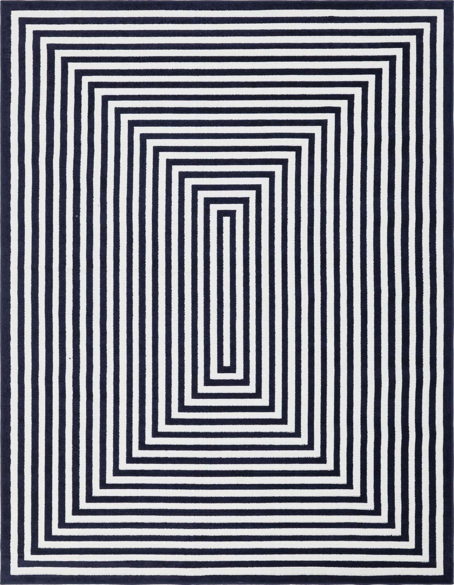 A 9x12 rectangular navy blue and white modern striped rug with a concentric rectangular pattern, suitable for a living room or patio.