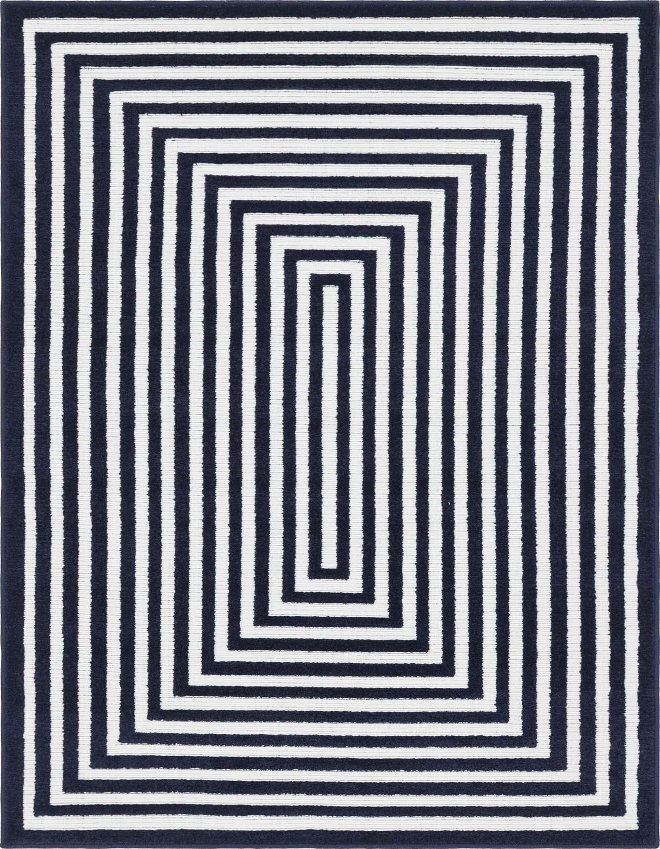 A 4x6 rectangular navy blue and white striped rug with a concentric rectangular pattern, suitable for indoor or outdoor use.