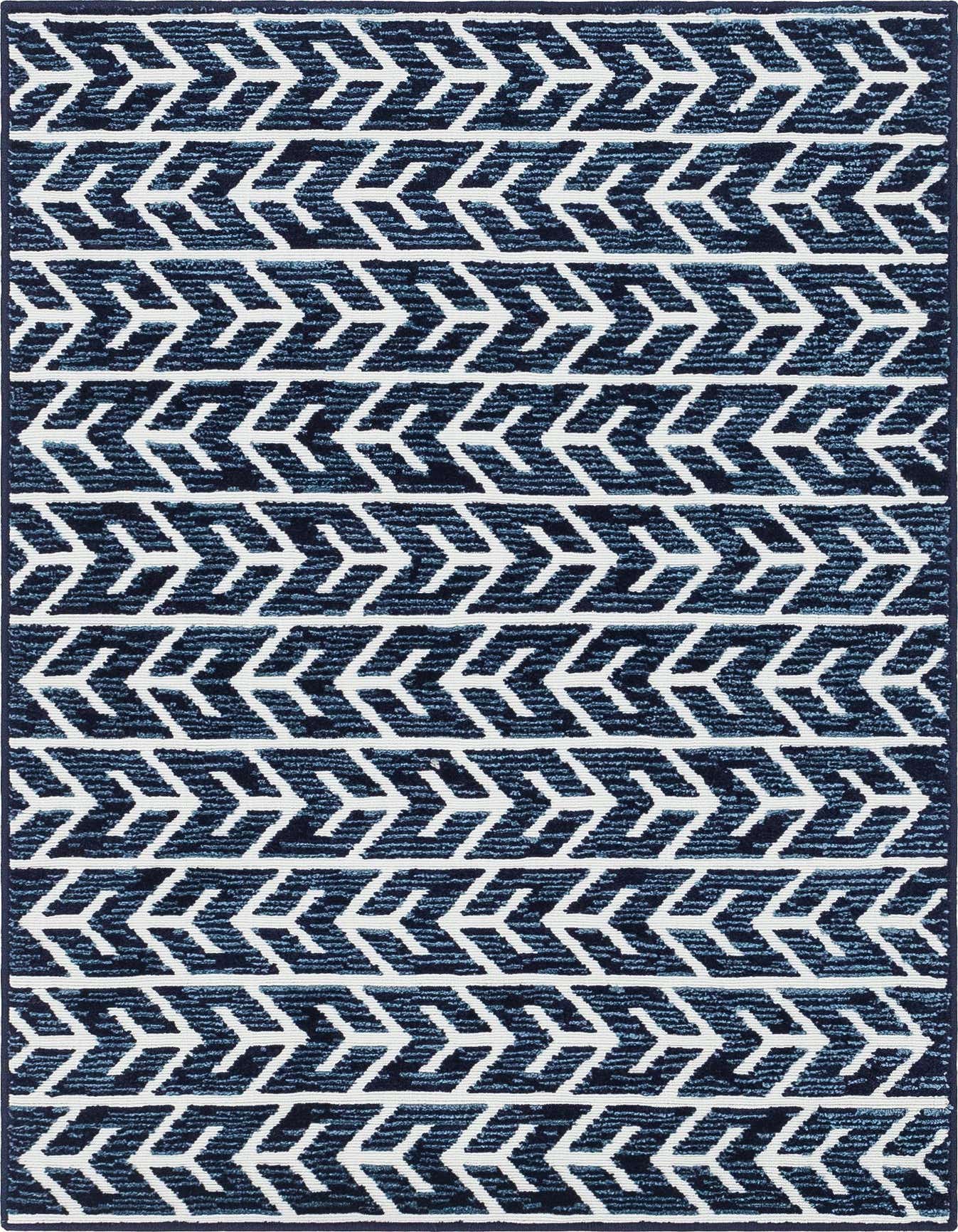 A 4x6 rectangular indoor/outdoor rug featuring a modern tribal pattern of alternating navy blue and white textured chevron stripes.