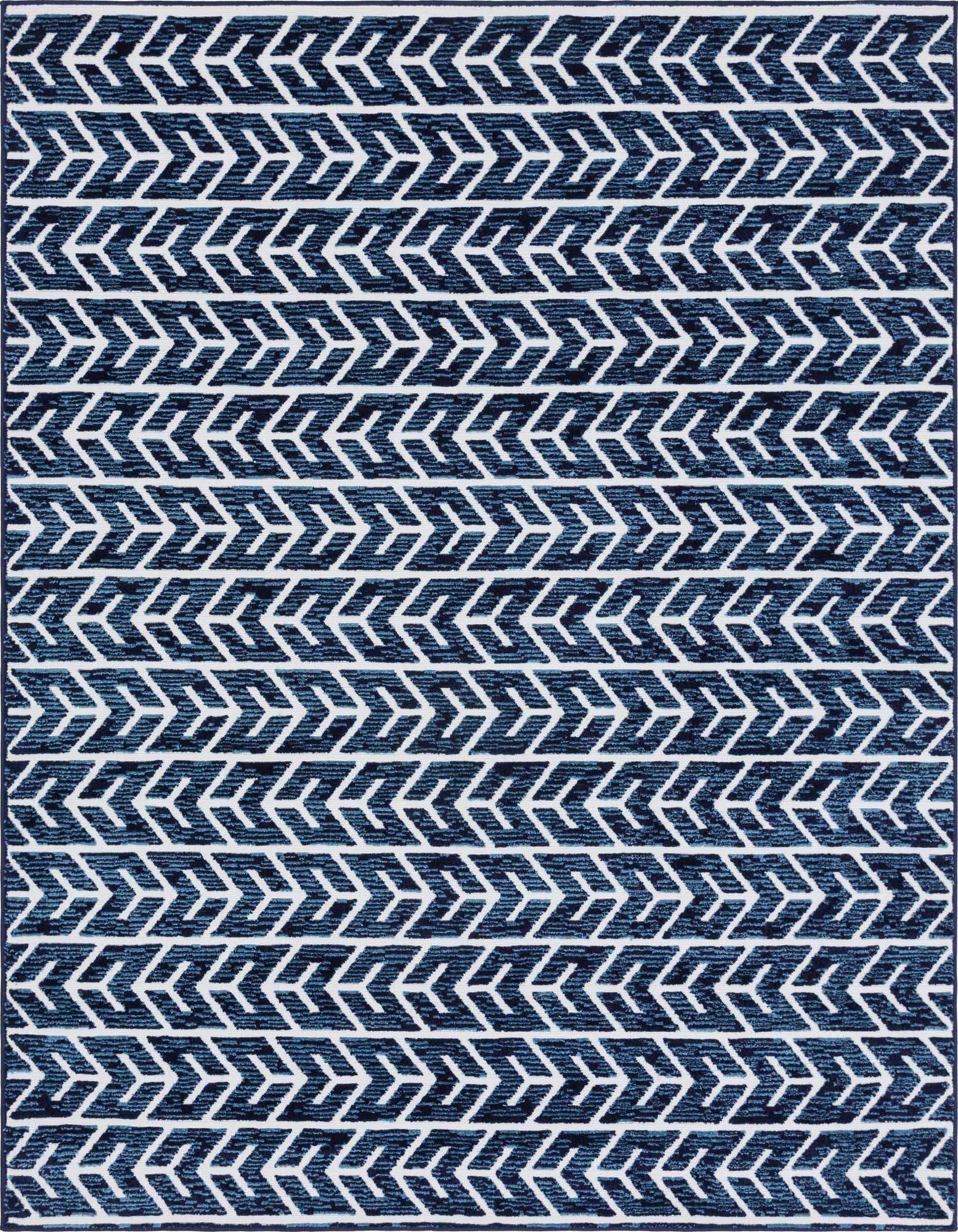 A 7x10 rectangular indoor/outdoor rug featuring a repeating tribal geometric pattern in varying shades of blue and white.