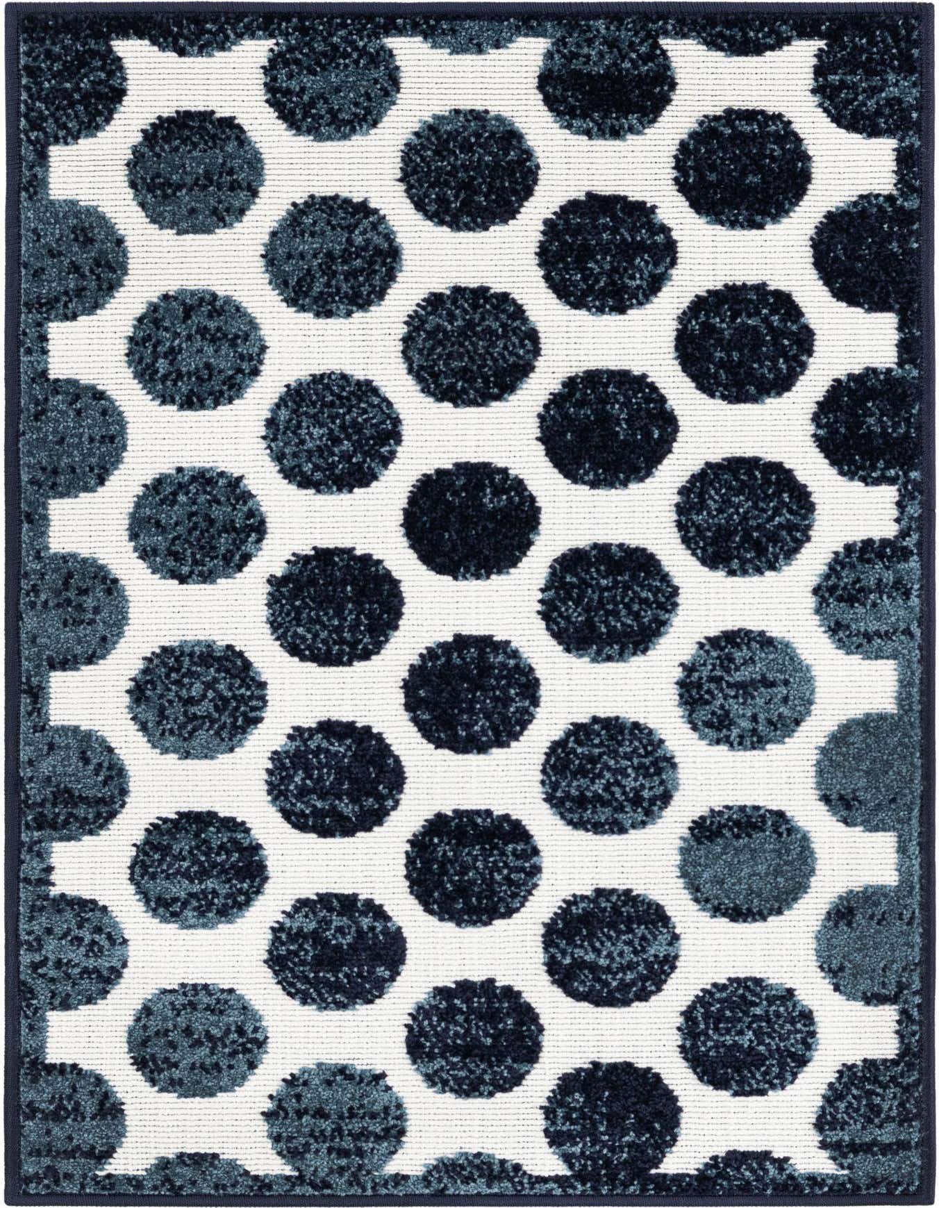 A 2x3 rectangular rug featuring a modern abstract pattern of textured navy blue polka dots on a white background, with a solid navy border.