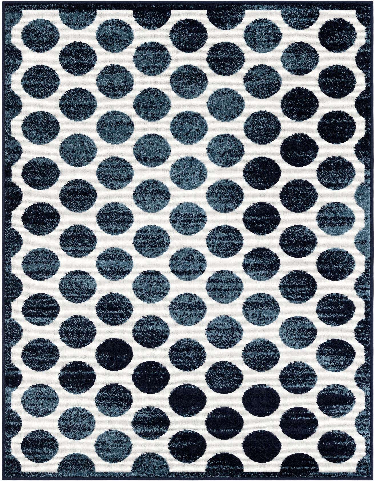 A 4x6 rectangular indoor/outdoor rug featuring a modern abstract pattern of varying shades of blue polka dots on a white background.