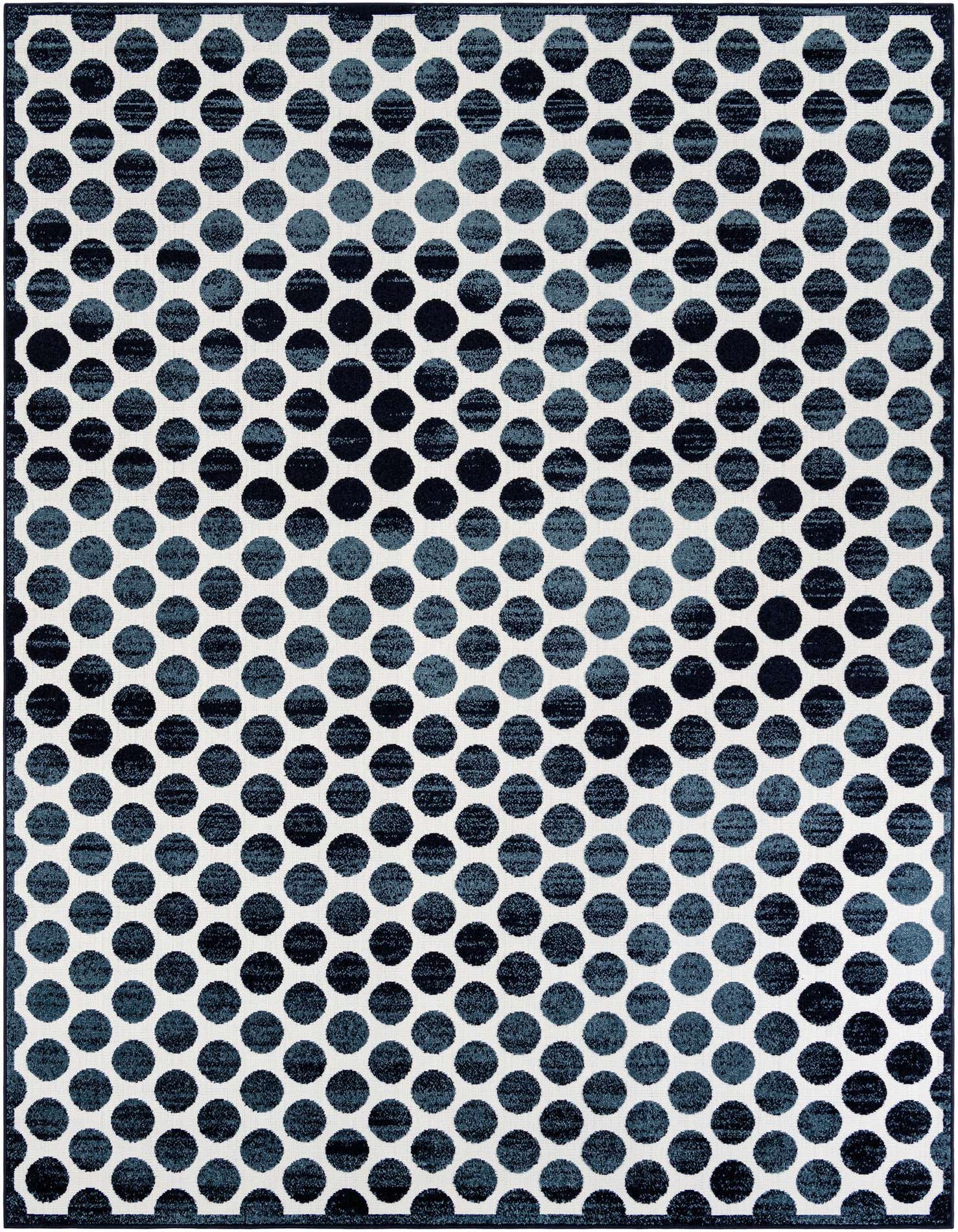 A 9x12 rectangular indoor/outdoor rug featuring a modern abstract pattern of varying shades of blue polka dots on a white background.