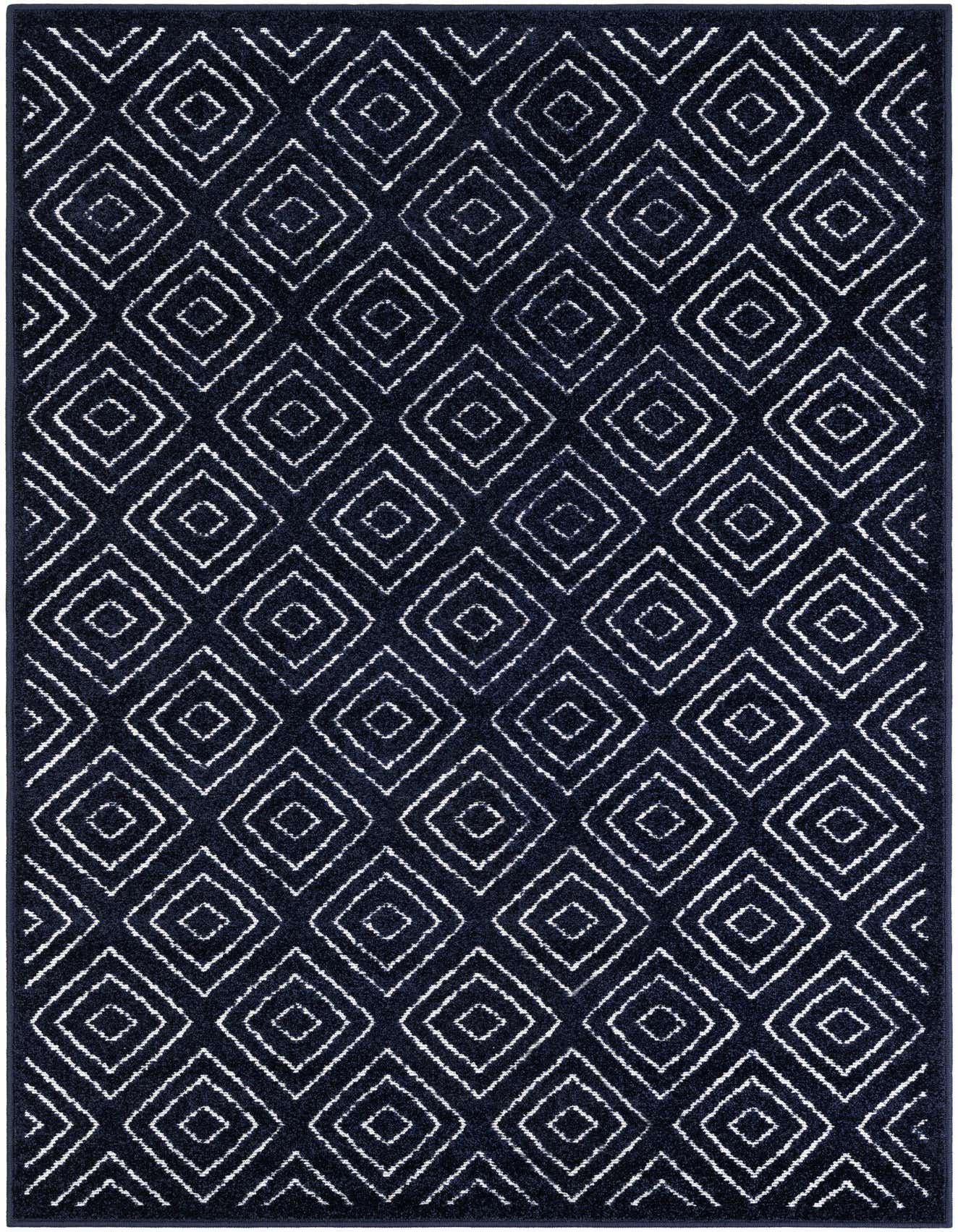 A 4x6 rectangular navy blue modern rug with a repeating white diamond geometric pattern, suitable for indoor or outdoor use.