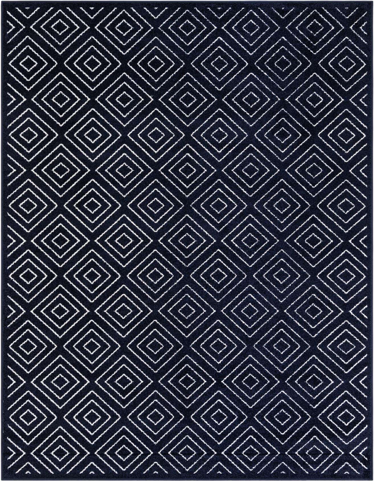 A 6x9 rectangular navy blue indoor/outdoor rug with a modern geometric diamond pattern, suitable for a patio or living room.