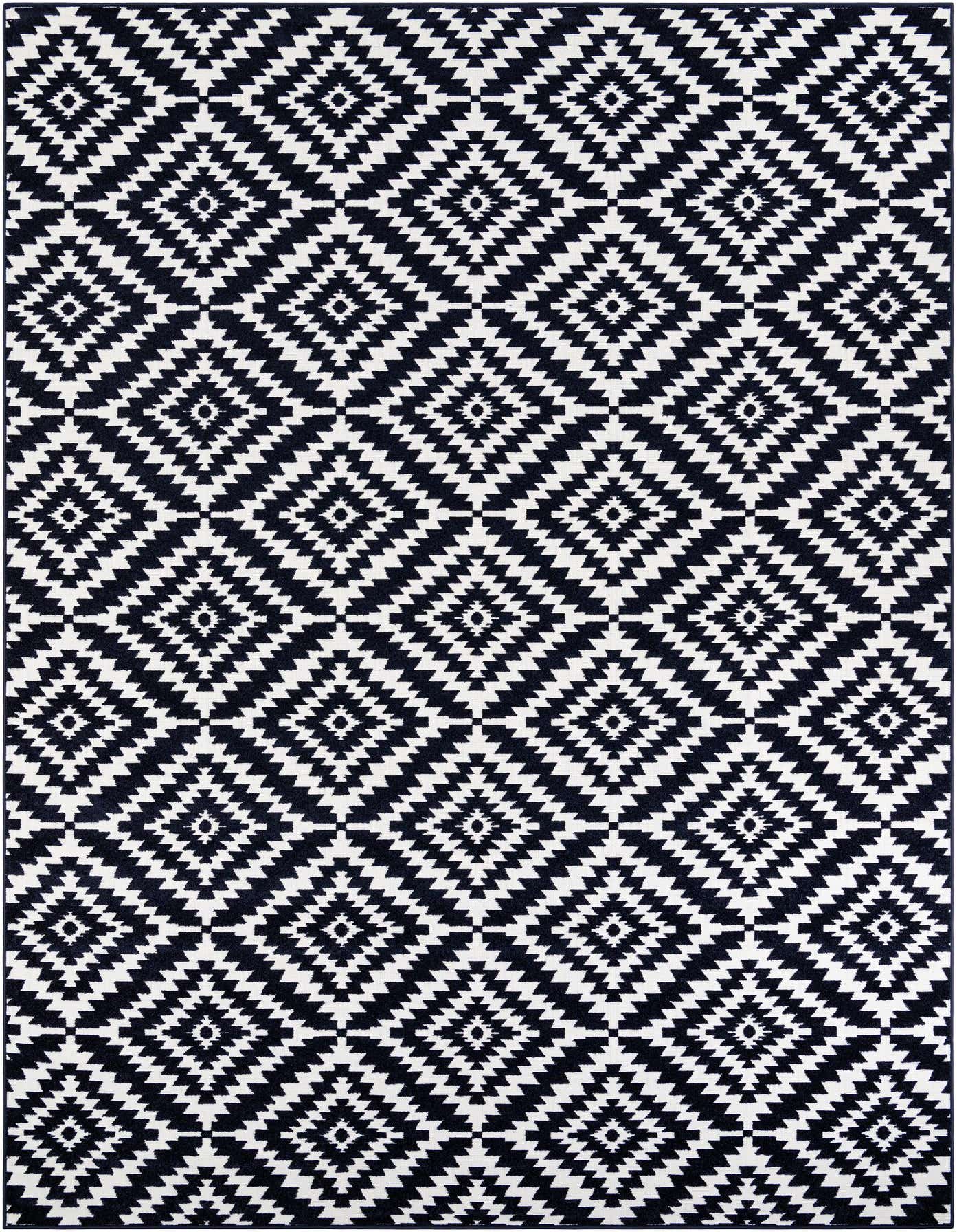 A 10x14 rectangular indoor/outdoor rug featuring a bold navy blue and white modern geometric diamond pattern.