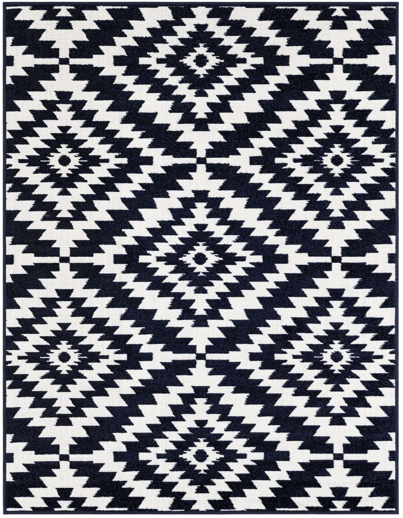 A 4x6 rectangular navy blue and white modern area rug with a bold geometric diamond pattern, suitable for indoor or outdoor use.