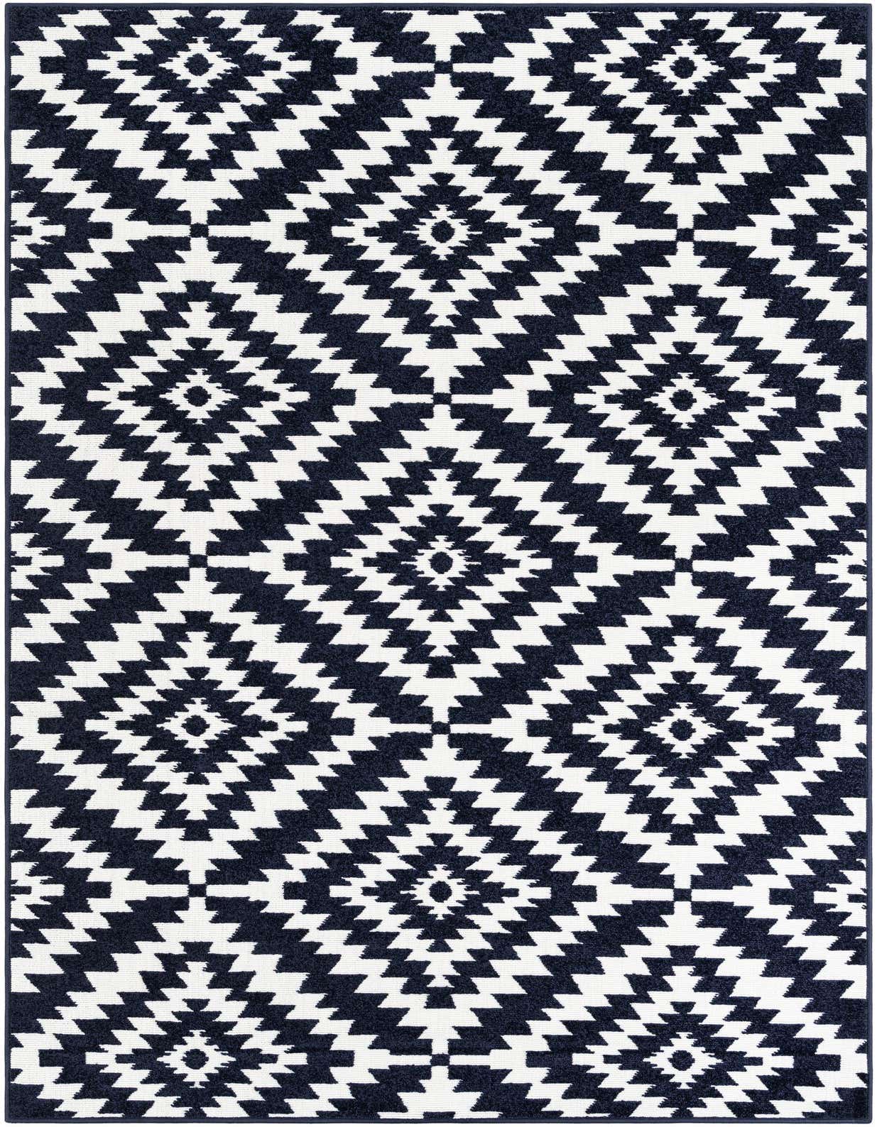 A 5x8 rectangular indoor/outdoor rug featuring a bold navy blue and white modern geometric pattern.