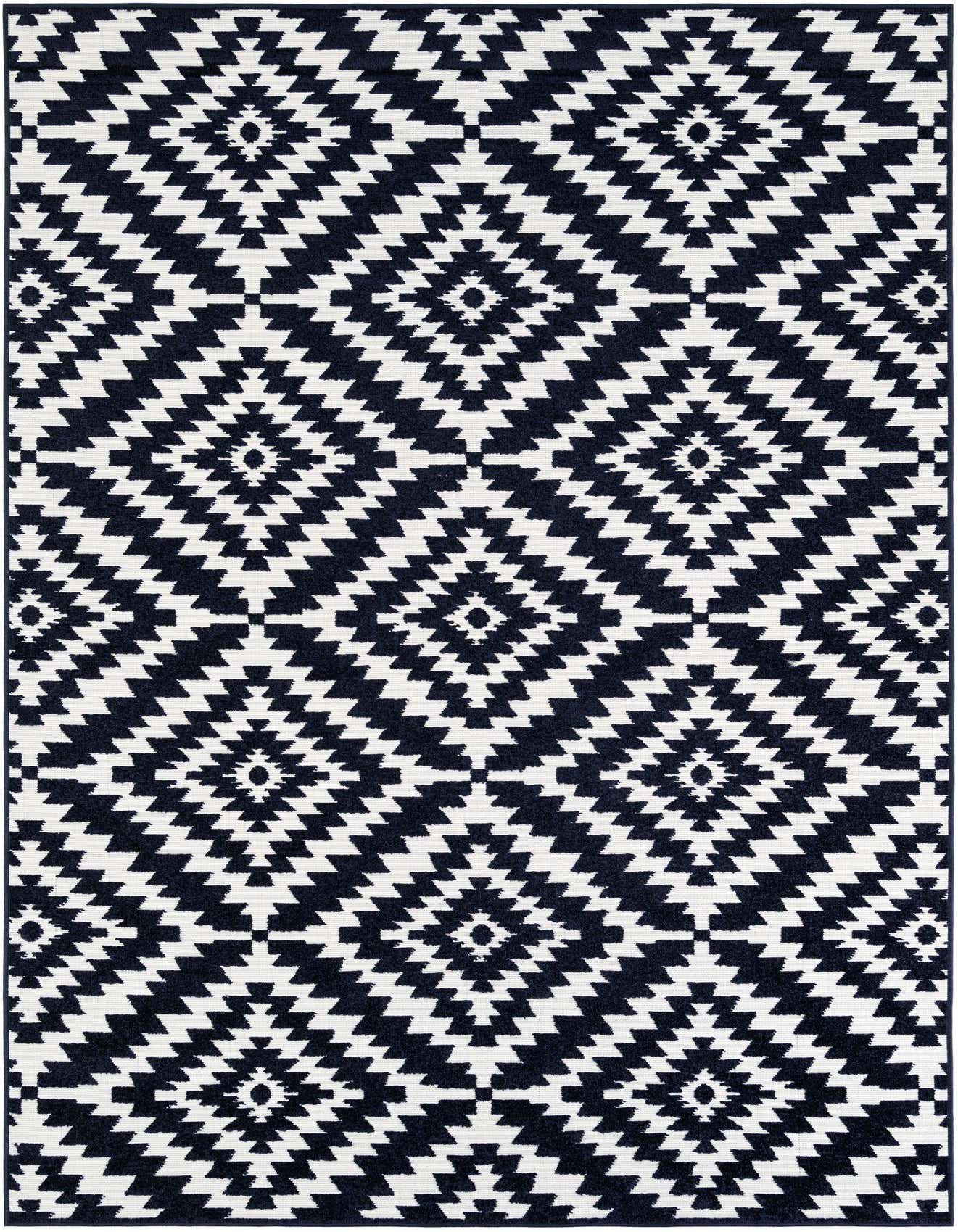 A 6x9 rectangular navy blue and white modern area rug with a repeating geometric diamond pattern, suitable for indoor or outdoor use.