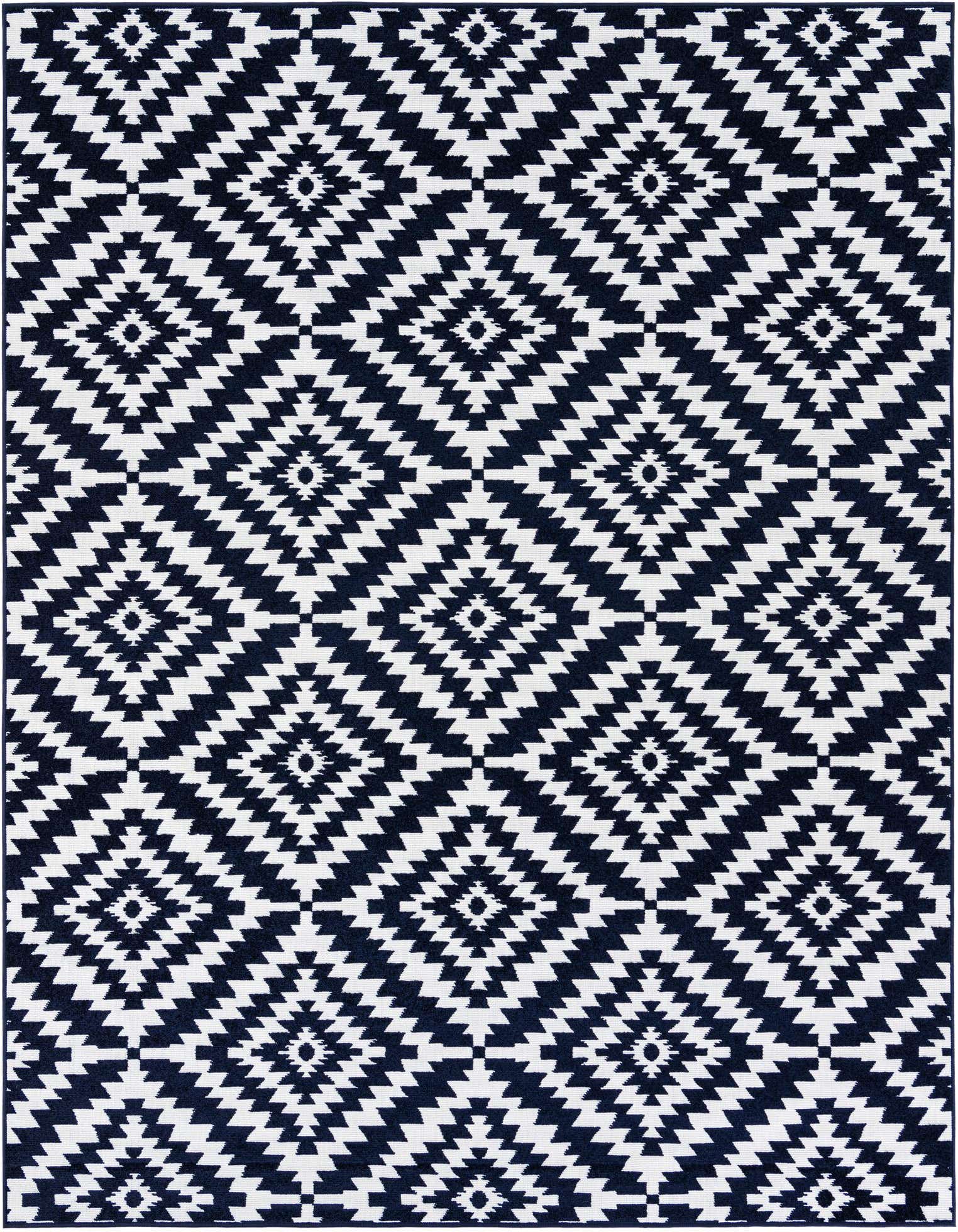 A rectangular 8x10 navy blue and white modern abstract rug with a repeating geometric diamond pattern.