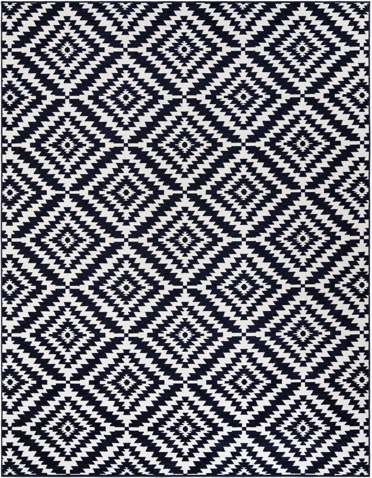 A 9x12 rectangular navy blue and white modern geometric rug with a repeating diamond pattern.