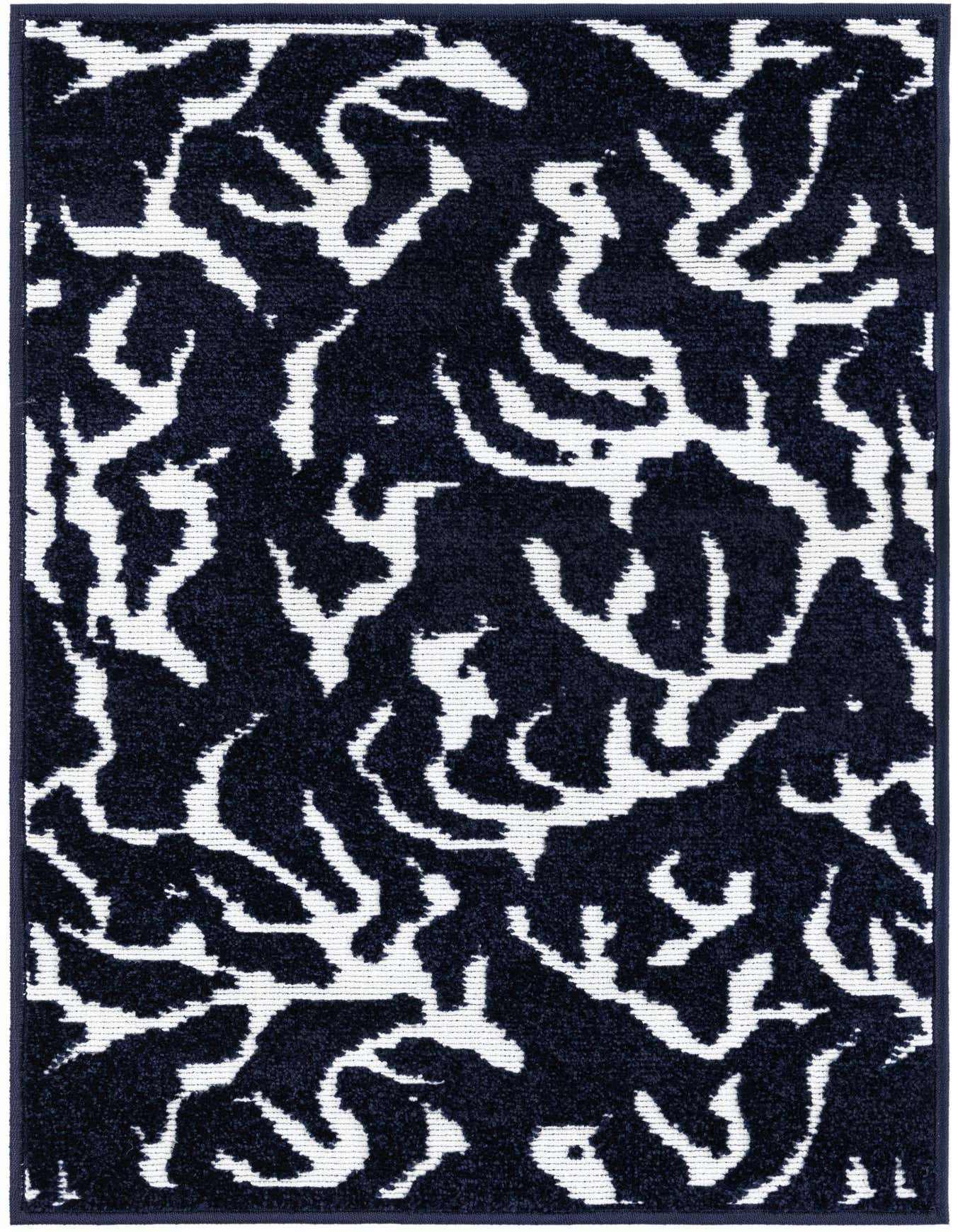 A 2x3 rectangular navy blue and white modern abstract rug with a textured, high pile, suitable for indoor or outdoor use.
