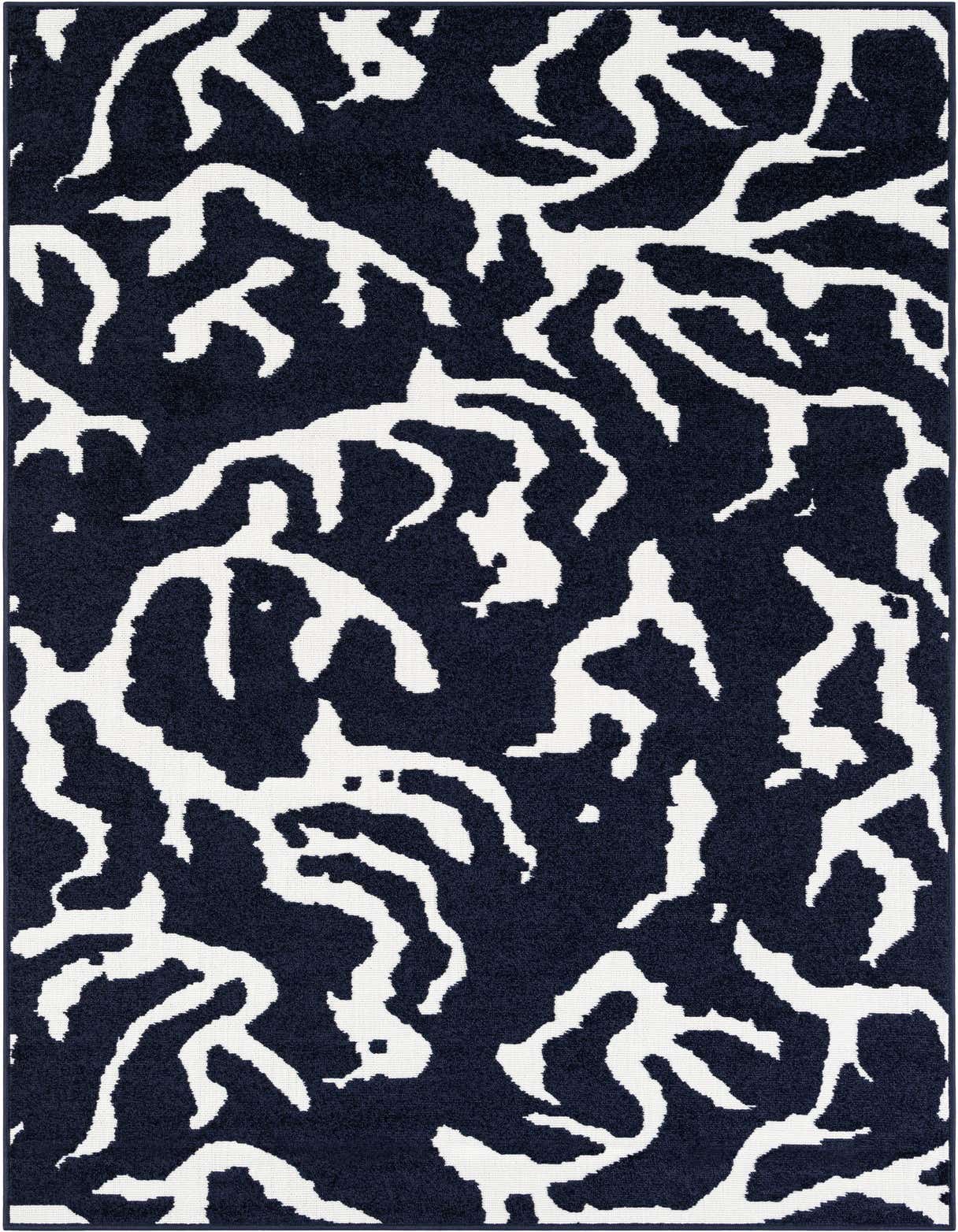 A 5x8 rectangular navy blue and white modern area rug with an abstract, organic pattern, suitable for indoor or outdoor use.