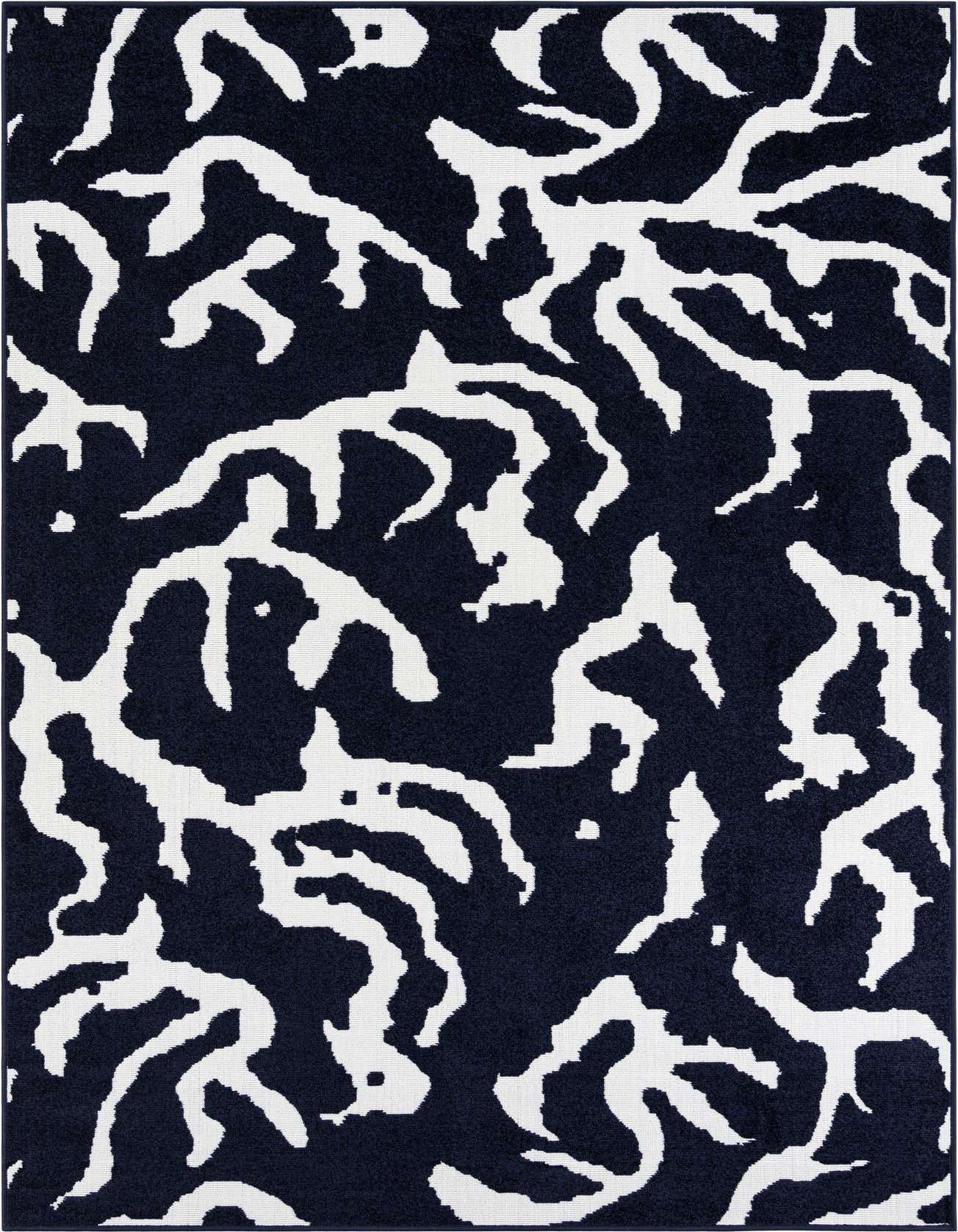 A 6x9 rectangular navy blue and white abstract rug with a modern, organic pattern, suitable for indoor or outdoor use.