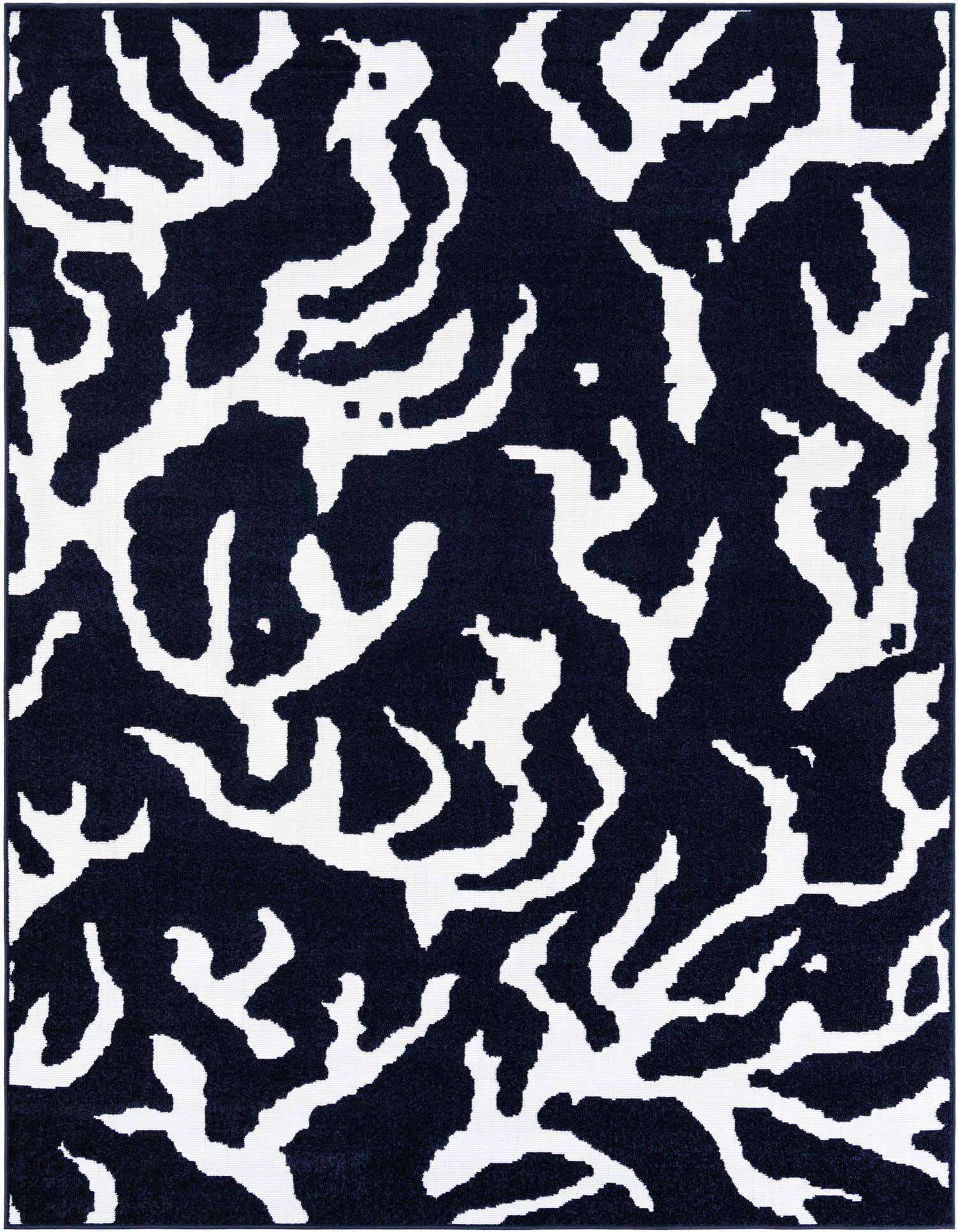 A rectangular 8x10 navy blue and white modern abstract rug with a textured, high pile, suitable for indoor or outdoor use.