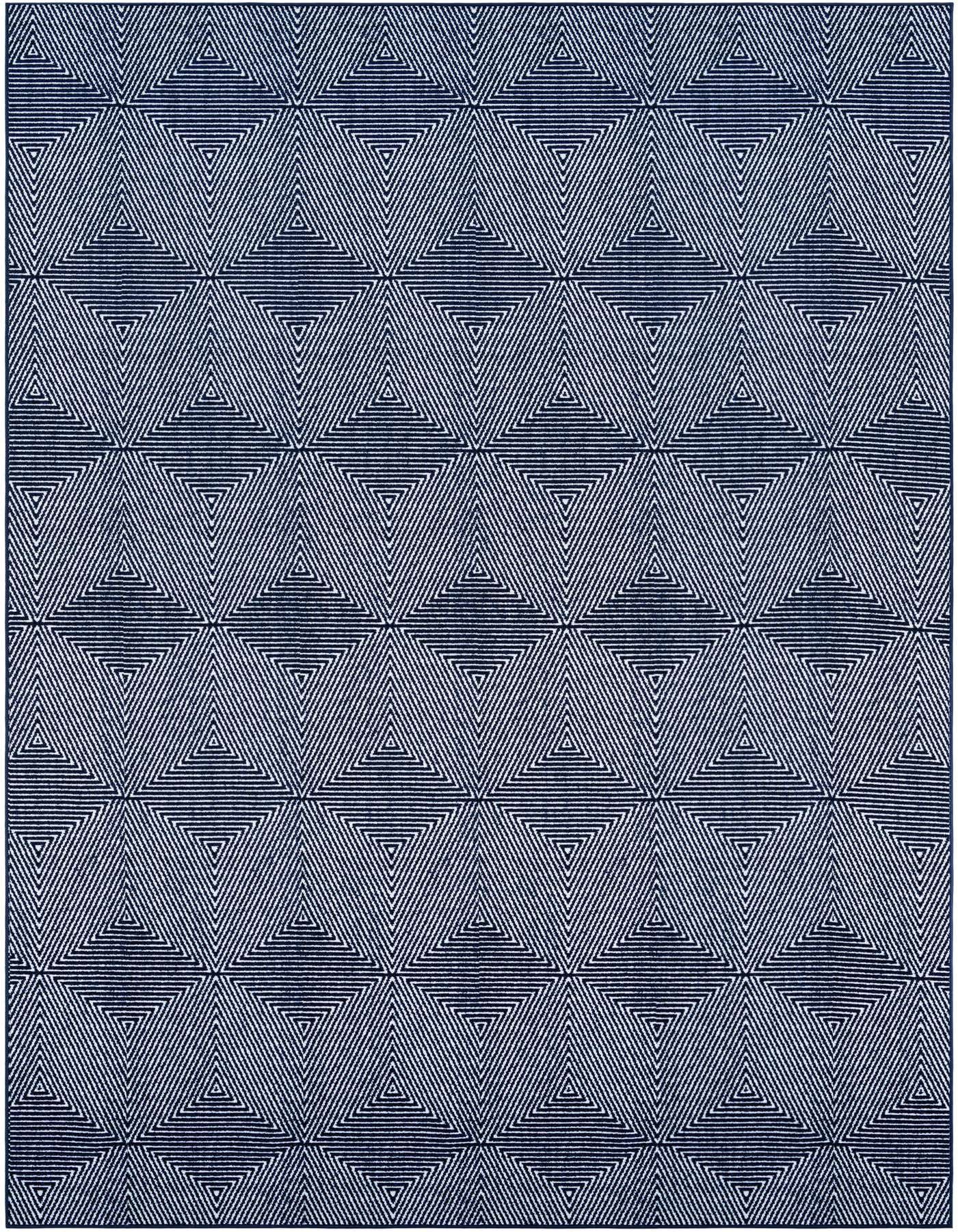 A 10x14 rectangular navy blue modern rug with a repeating geometric pattern of interlocking triangles, suitable for indoor or outdoor use.