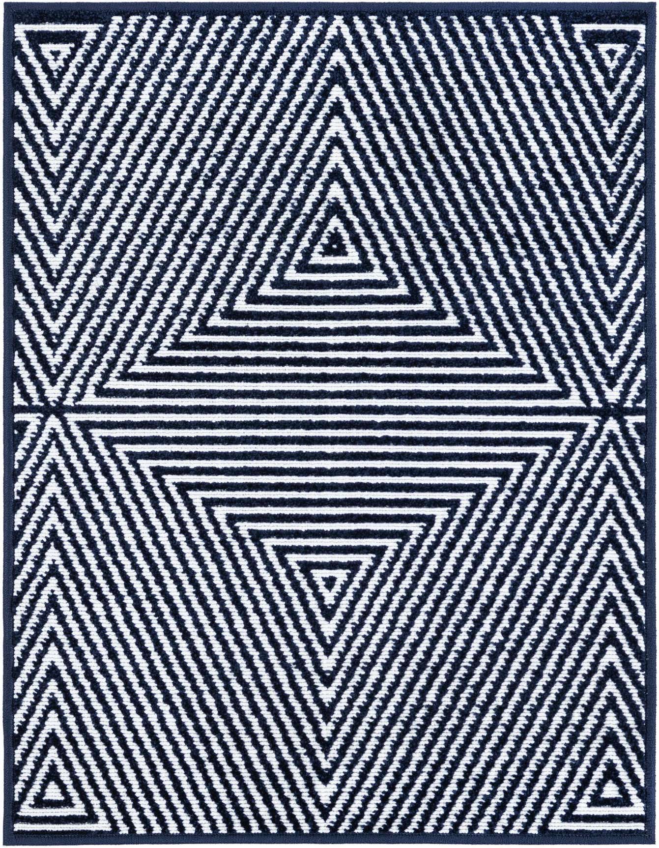 A 2x3 rectangular navy blue and white modern rug featuring a repeating geometric triangle pattern, suitable for indoor or outdoor use.
