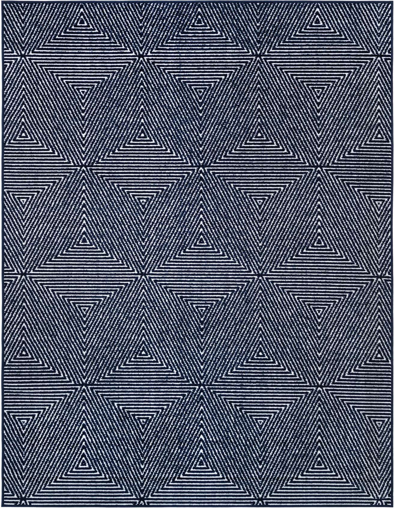 A 6x9 rectangular navy blue and white modern rug featuring a repeating geometric triangle pattern, suitable for indoor or outdoor use.