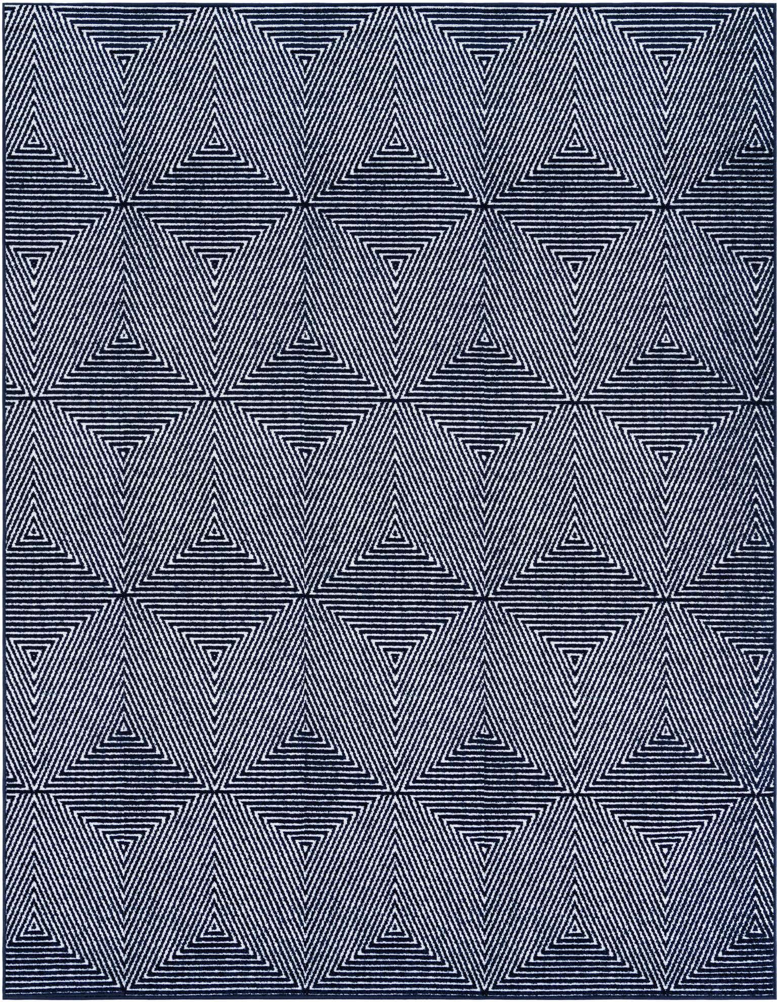 A rectangular 8x10 navy blue modern rug featuring a repeating geometric pattern of interlocking triangles, suitable for indoor or outdoor use.