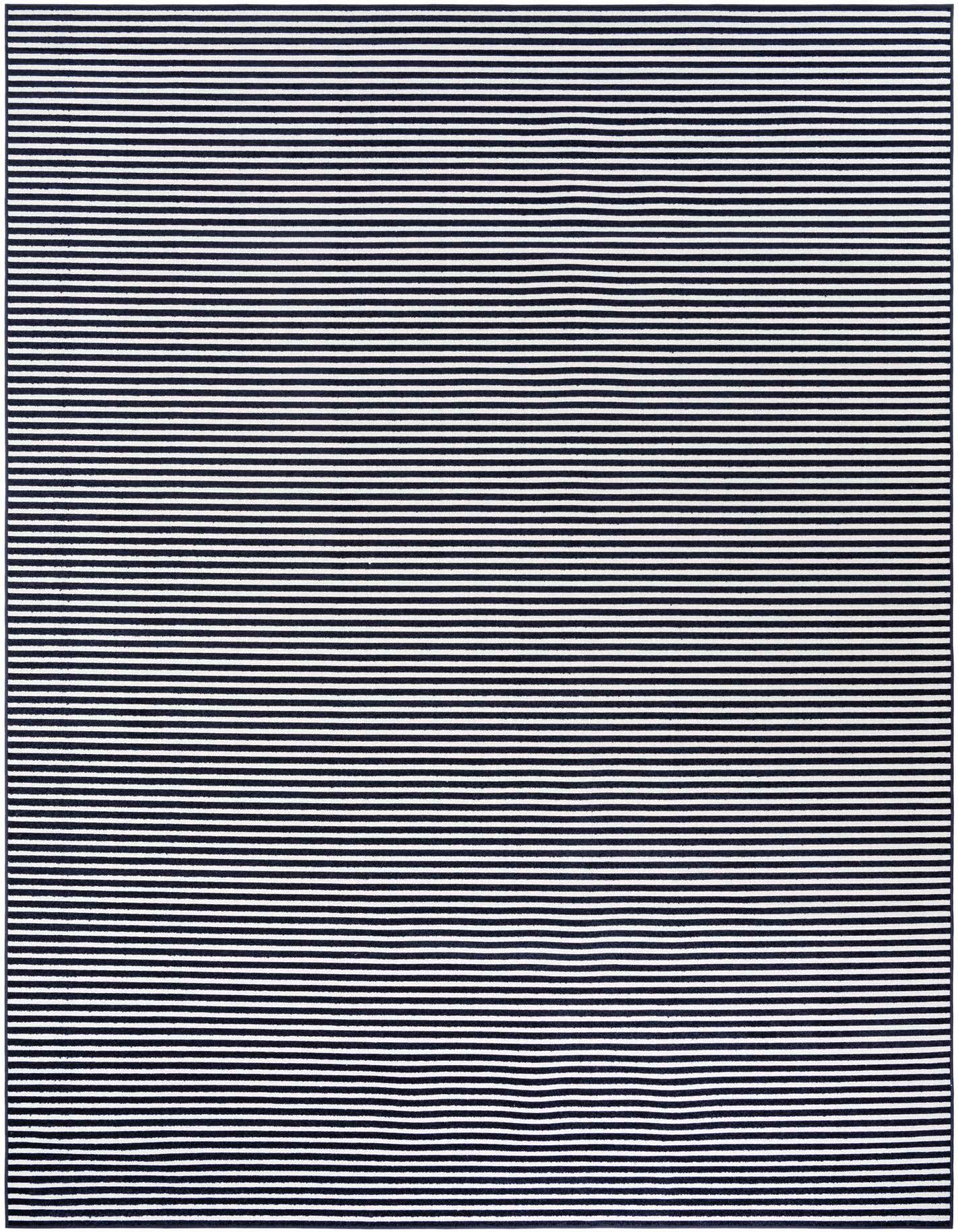 A 10x14 rectangular navy blue and white striped modern outdoor rug, perfect for a patio.