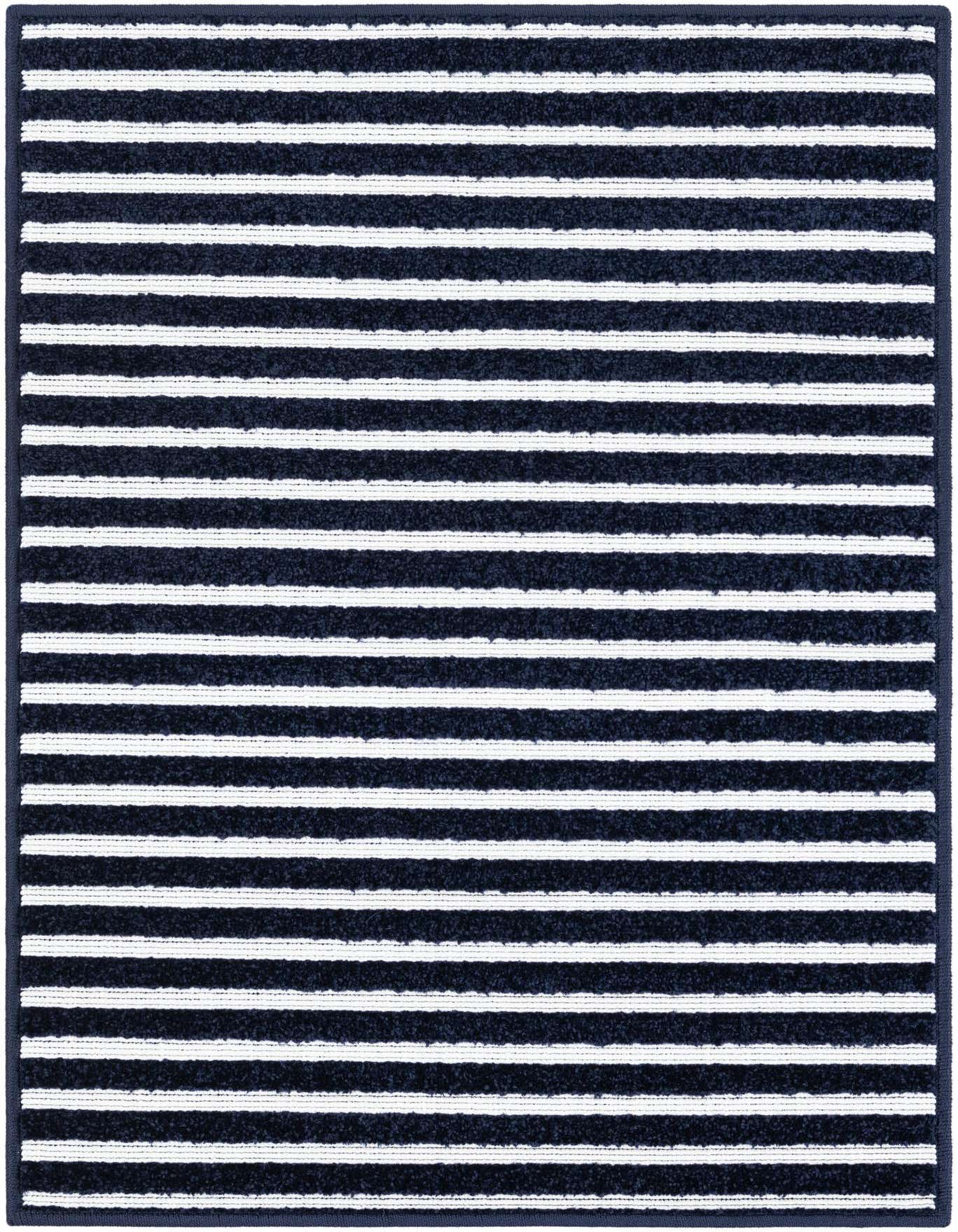 A 2x3 rectangular navy blue and white striped modern rug with a textured, medium pile, suitable for indoor or outdoor use.