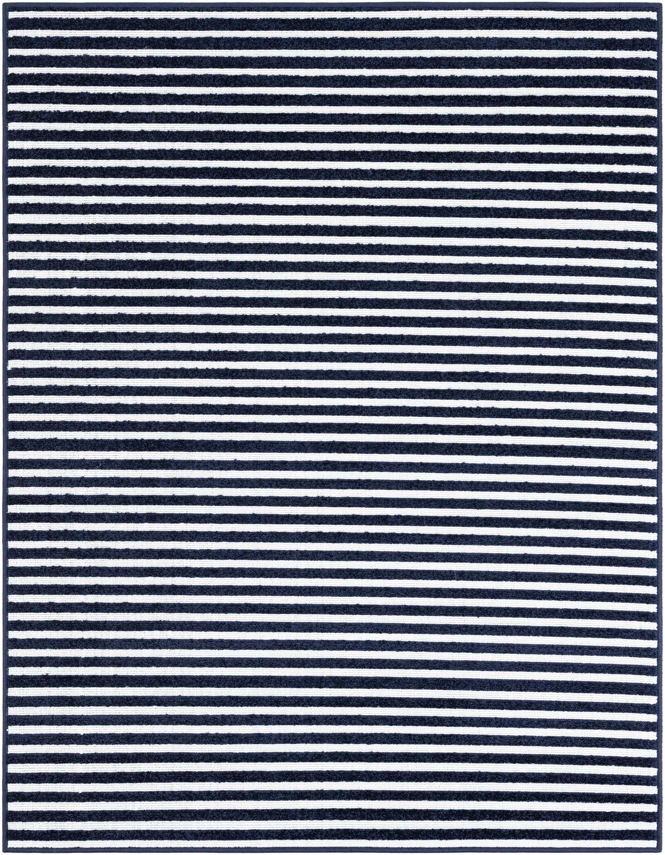 A 4x6 rectangular indoor/outdoor rug featuring a modern stripe pattern in navy blue and white.