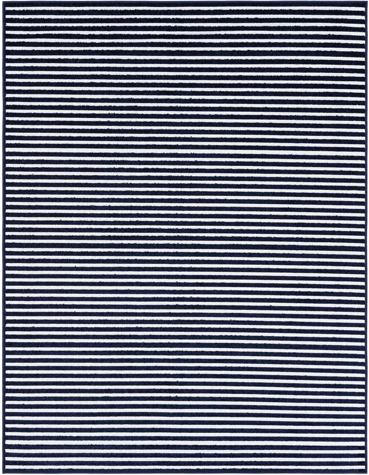 A 5x8 rectangular navy blue and white striped rug with a textured, medium pile, suitable for indoor or outdoor use.