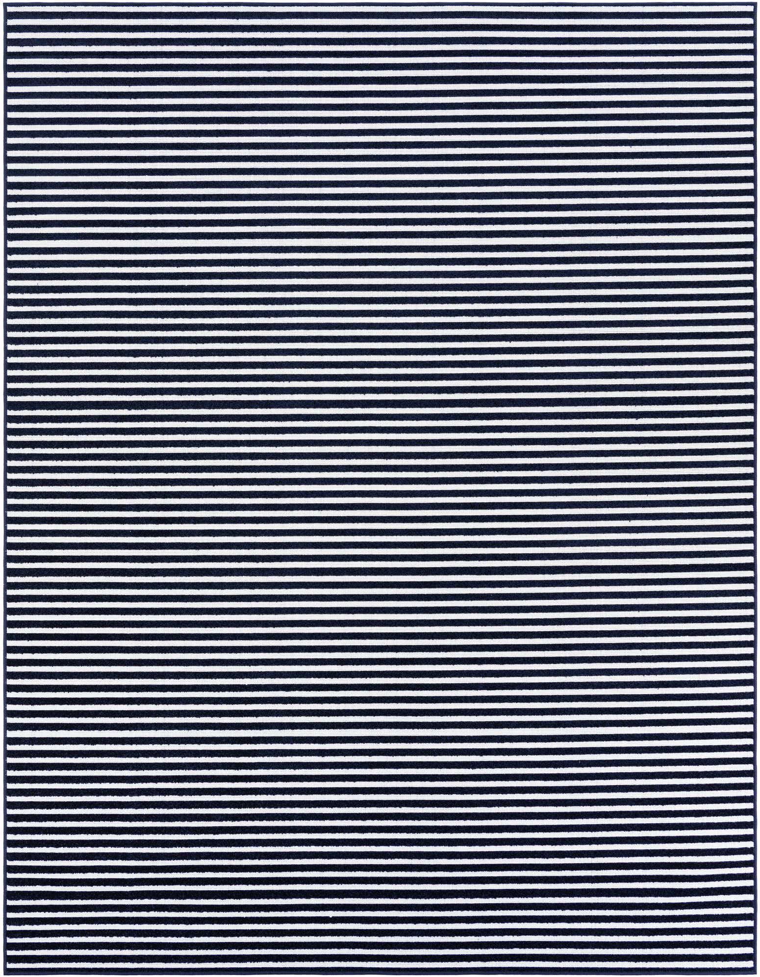 A rectangular 8x10 navy blue and white striped rug, suitable for indoor or outdoor use.