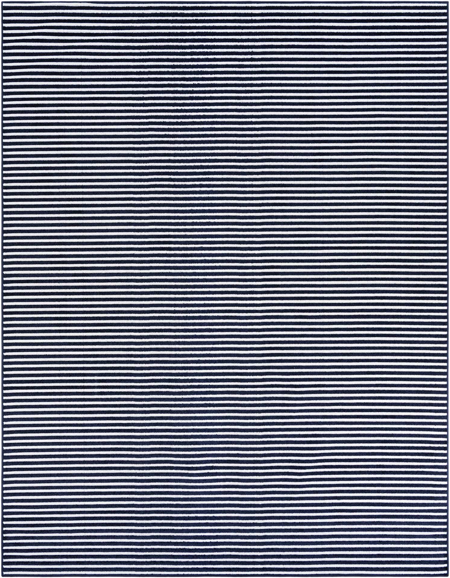 A 9x12 rectangular indoor/outdoor rug featuring a modern stripe pattern in varying shades of blue and white.