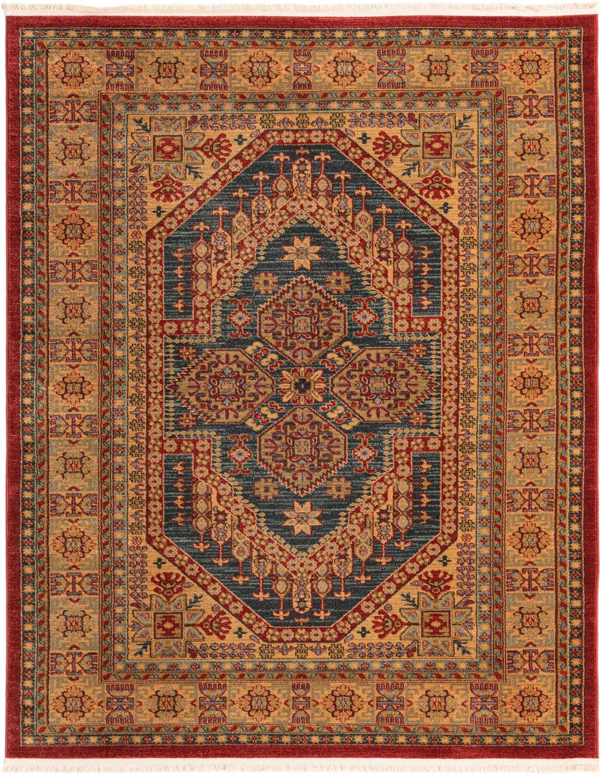 A 5x8 rectangular Sara Collection rug featuring a navy blue medallion with red and gold traditional, botanical, and tribal patterns, bordered by a rich red frame.