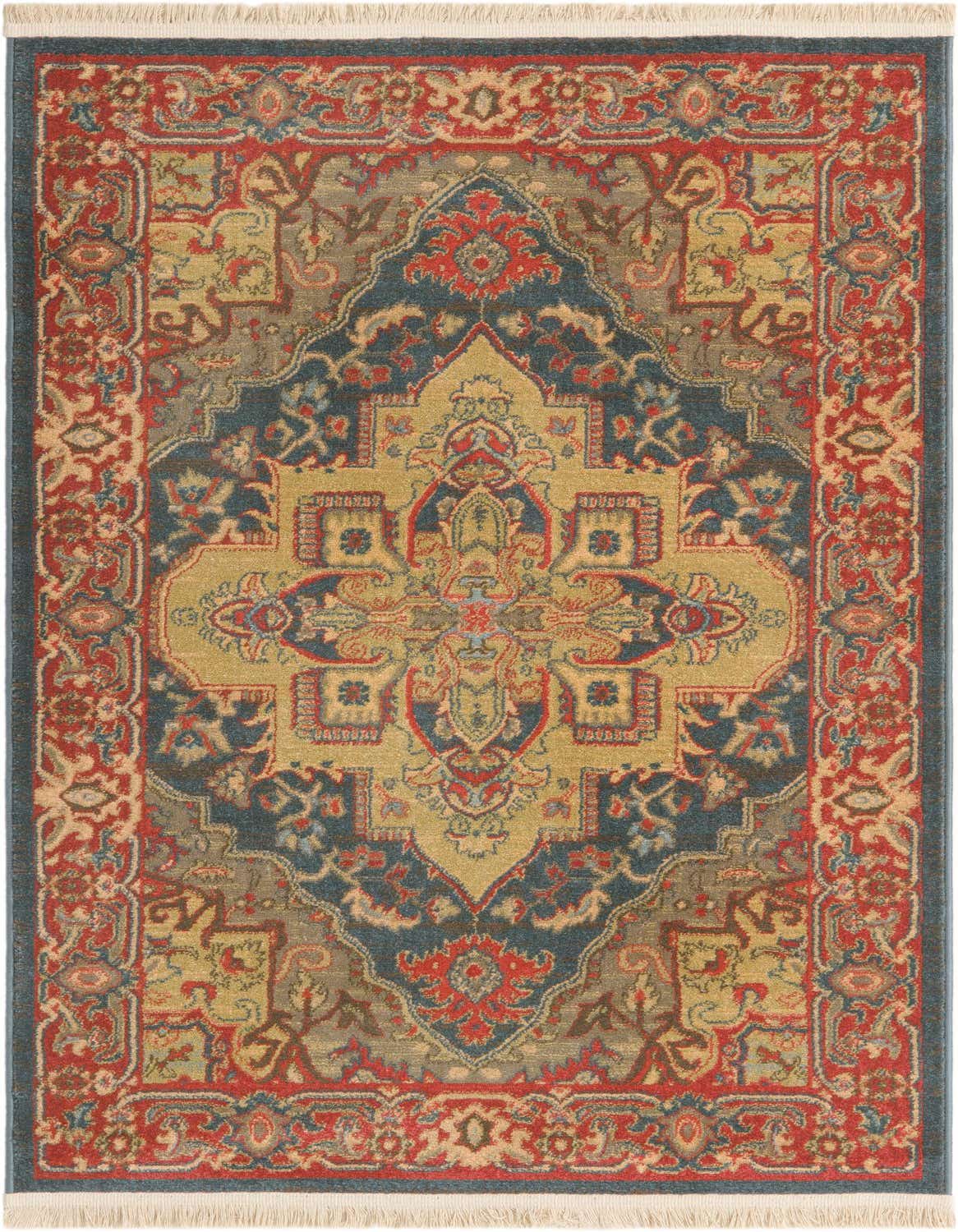 A 3x5 rectangular traditional area rug featuring a central medallion in gold and navy blue, surrounded by intricate red and blue floral patterns.
