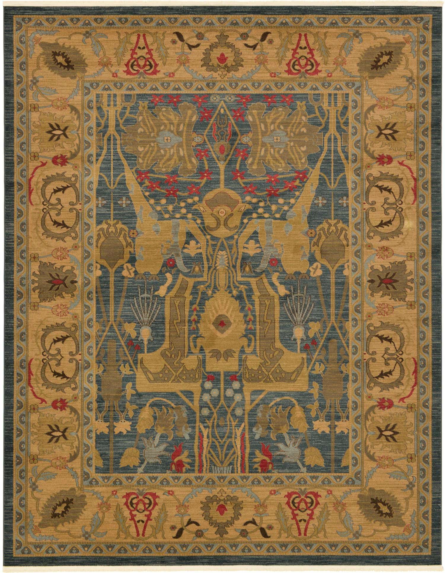 A 9x12 rectangular Sara collection rug featuring a detailed traditional floral and tribal pattern in shades of blue, gold, and red.