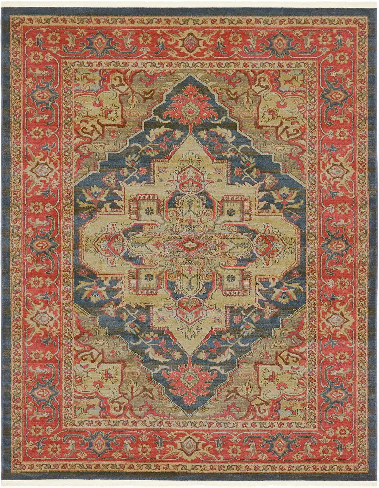 A 6x9 rectangular Rugs.com Sara rug featuring a traditional French medallion pattern in shades of blue, red, and gold.