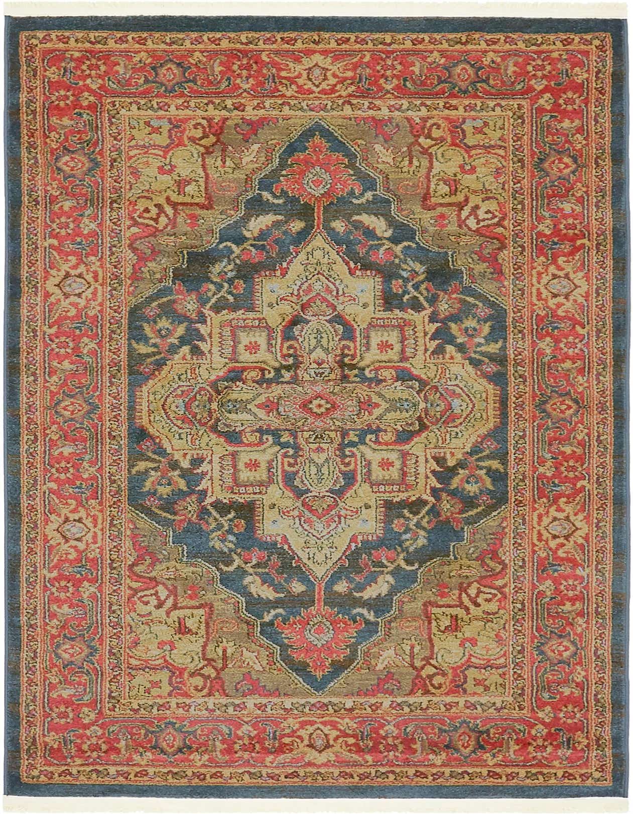 A 4x6 rectangular Sara Collection rug featuring a traditional medallion pattern in navy blue, red, and gold, with a medium pile.