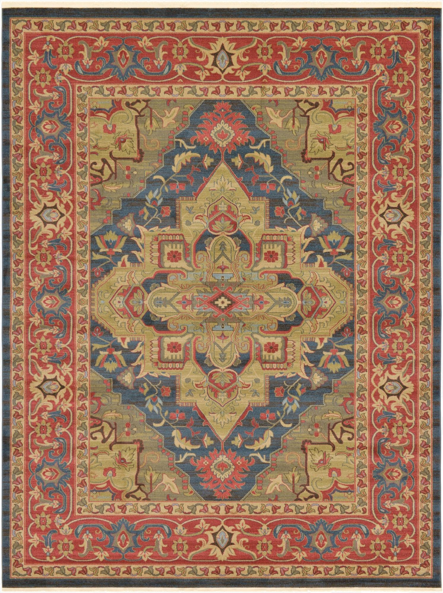 A 10x13 rectangular Sara collection rug featuring a traditional medallion pattern in shades of blue, red, and gold.