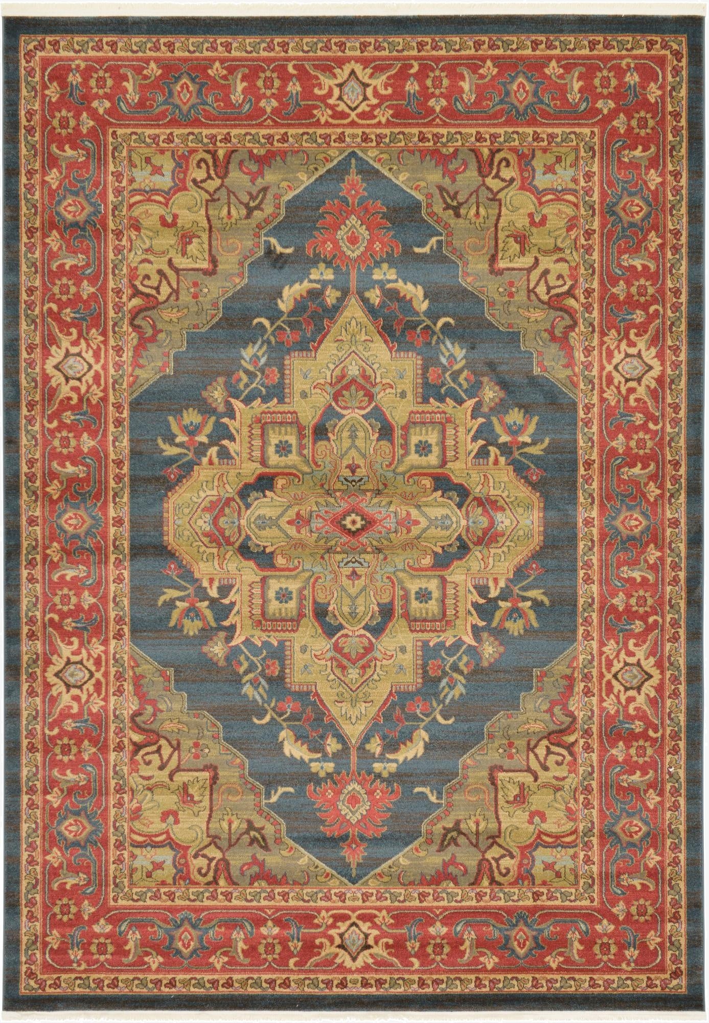 A 7x10 rectangular traditional rug with a central medallion in shades of blue, red, and gold, featuring intricate floral and vine patterns.