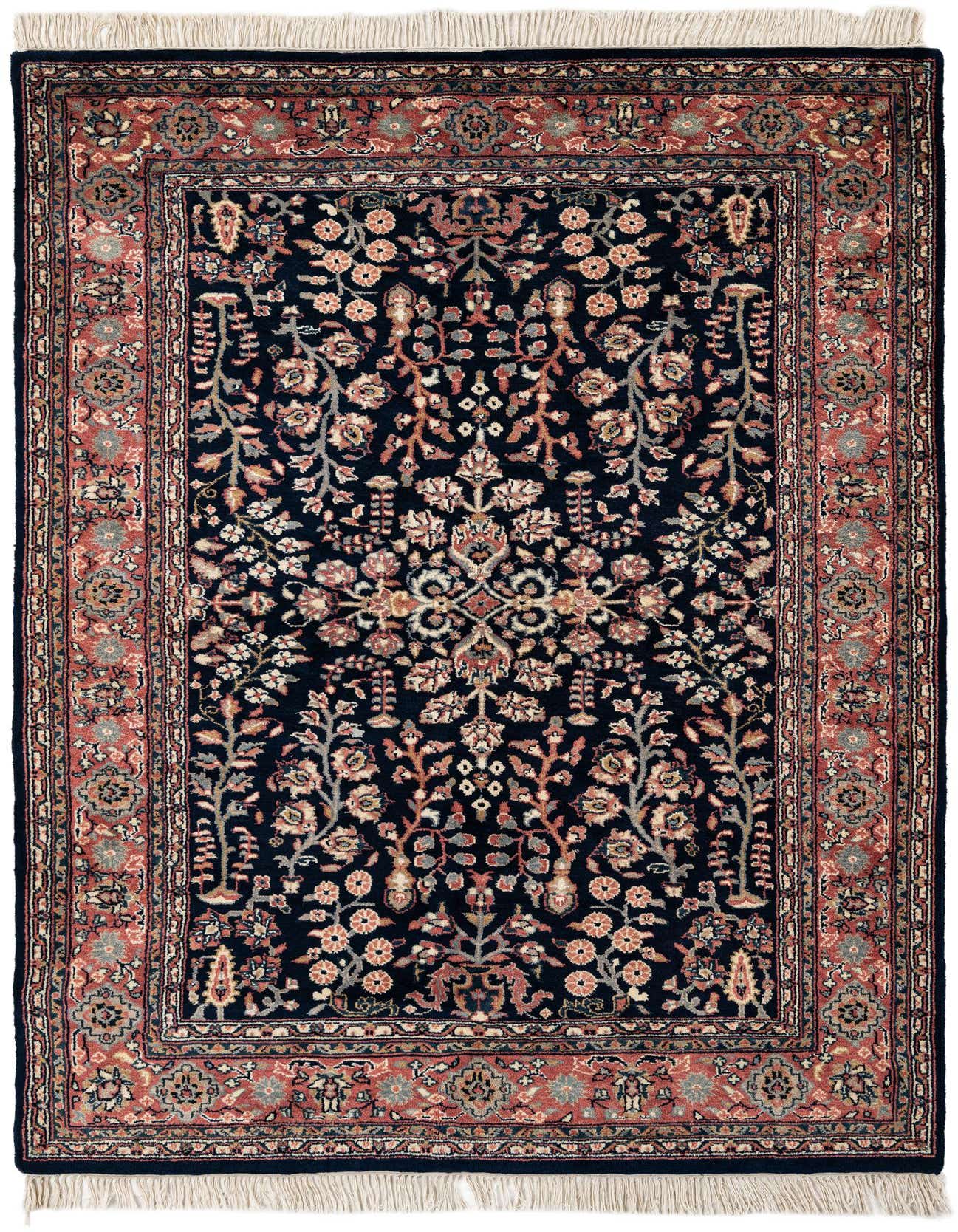 A 5x7 rectangular Sarough rug featuring a traditional Oriental medallion pattern in navy blue, red, and cream.