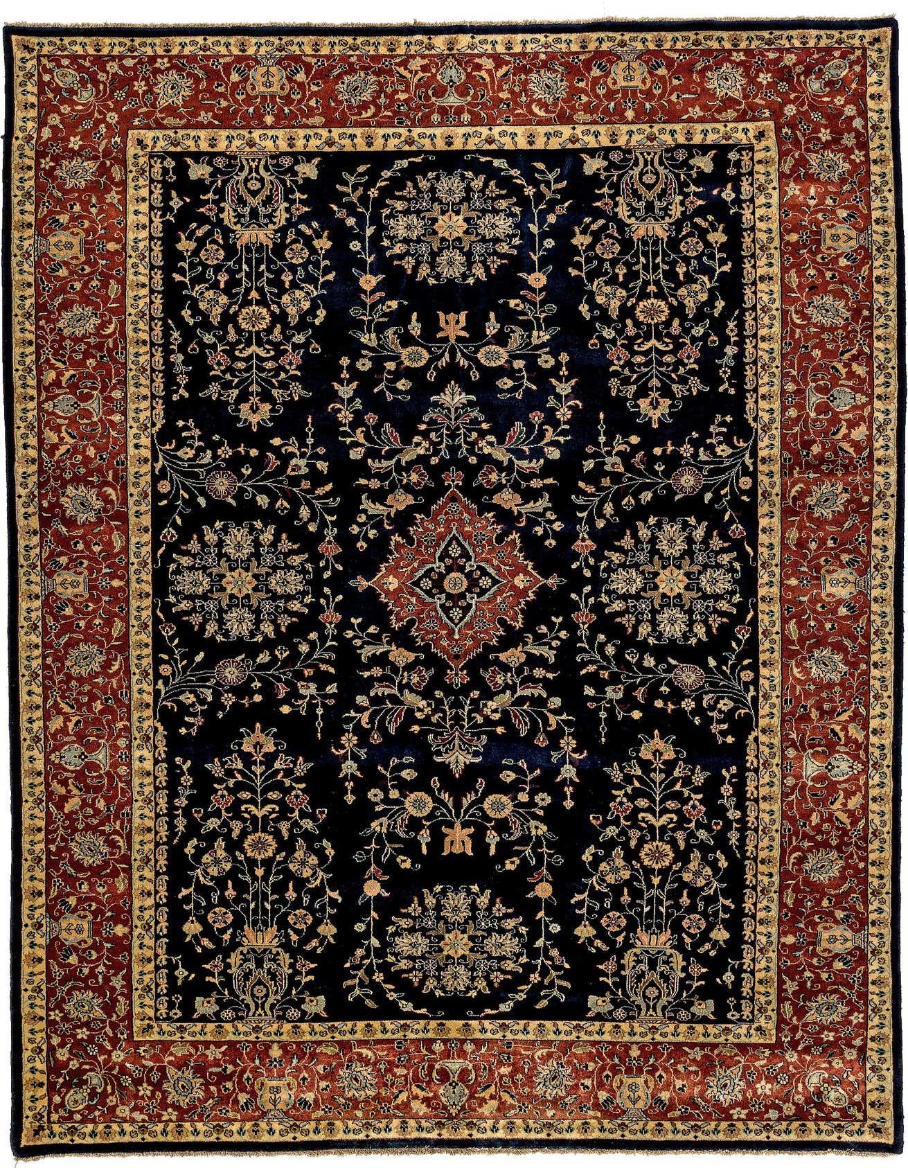 A 6x9 rectangular Sarough rug featuring a rich navy blue field with intricate gold and red oriental floral patterns, framed by a wide red and gold border.