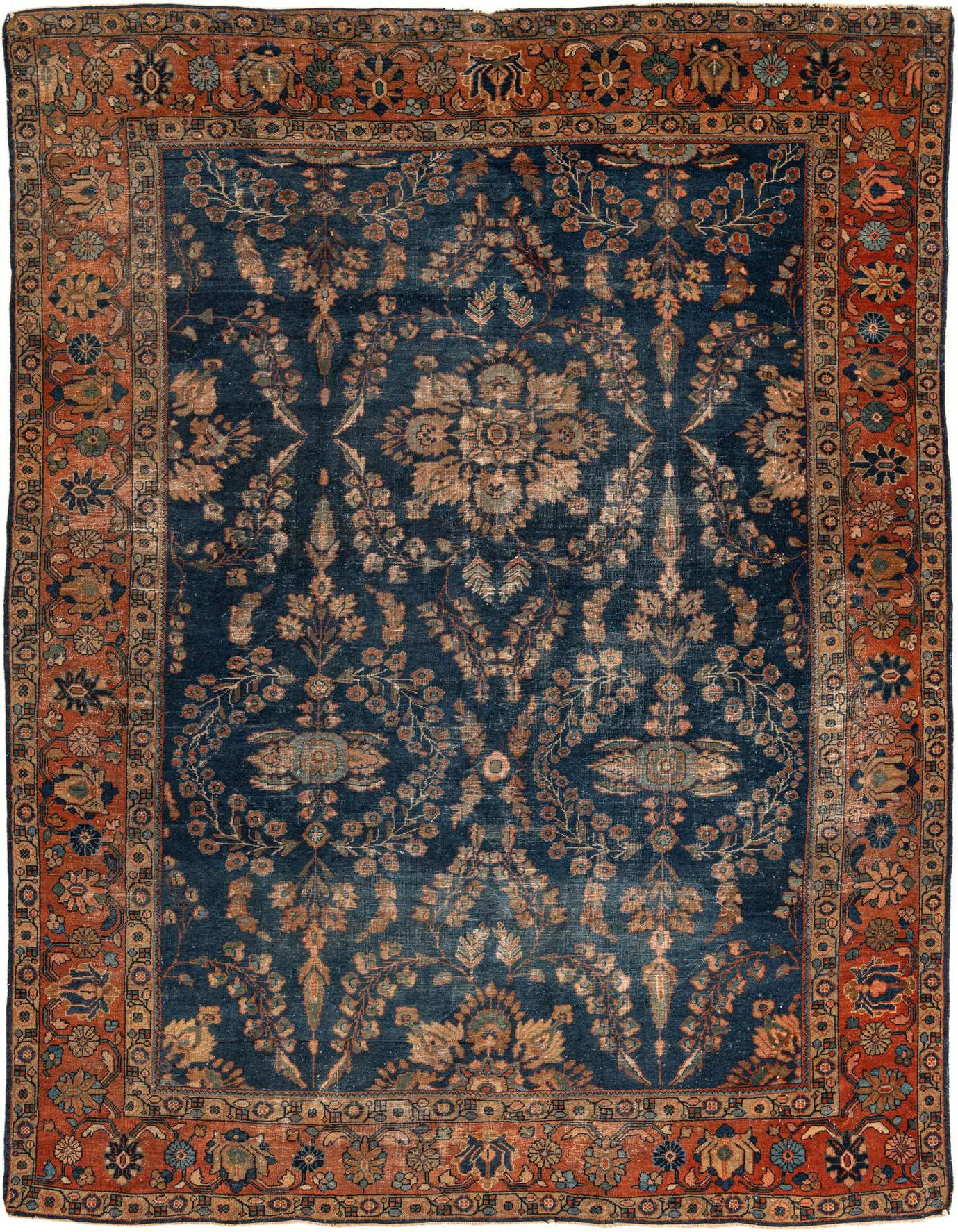 A 9x12 rectangular Sarough rug featuring a navy blue field with intricate botanical patterns and a rust-orange border.