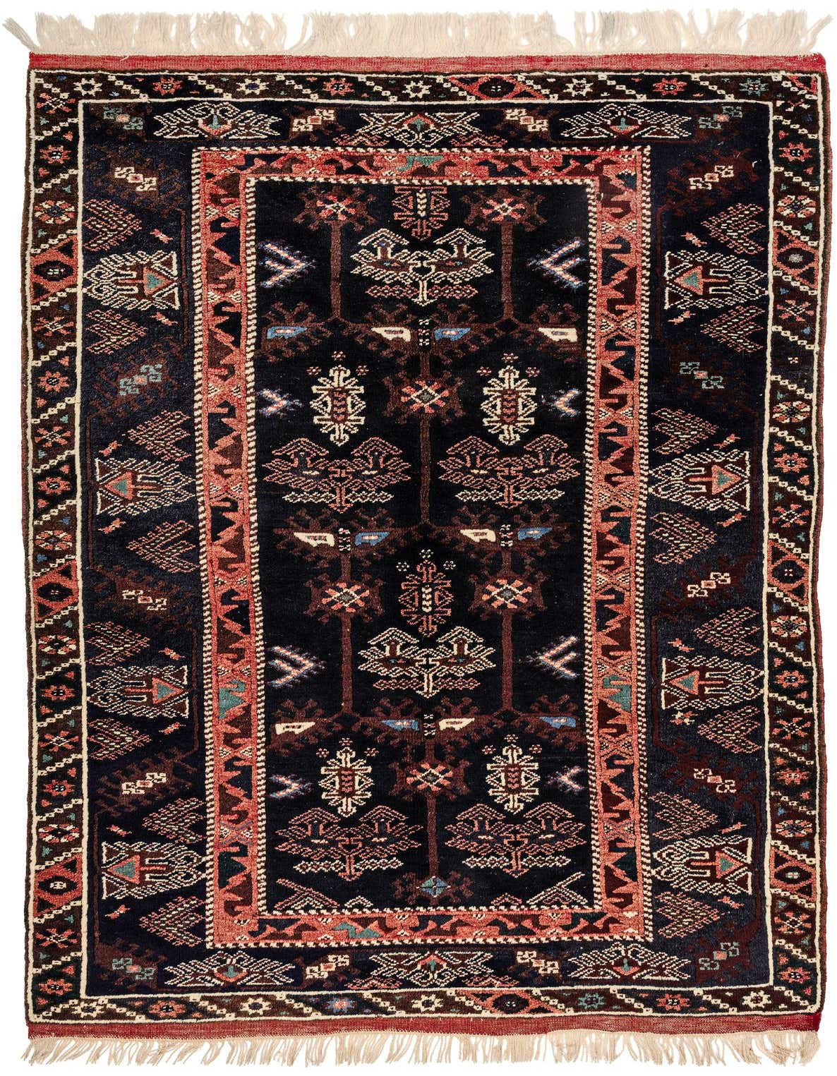 A 4x6 rectangular navy blue Persian wool rug with intricate traditional patterns in red, cream, and light blue, featuring fringes.