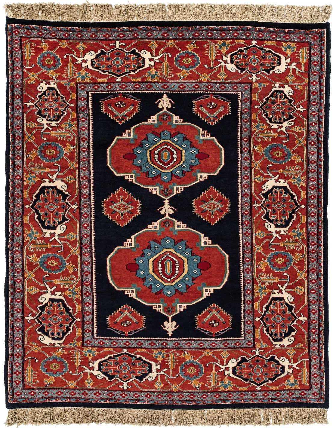 A 4x6 rectangular Shirvan tribal rug featuring a navy blue field with red, blue, and gold medallion patterns, framed by a red border.