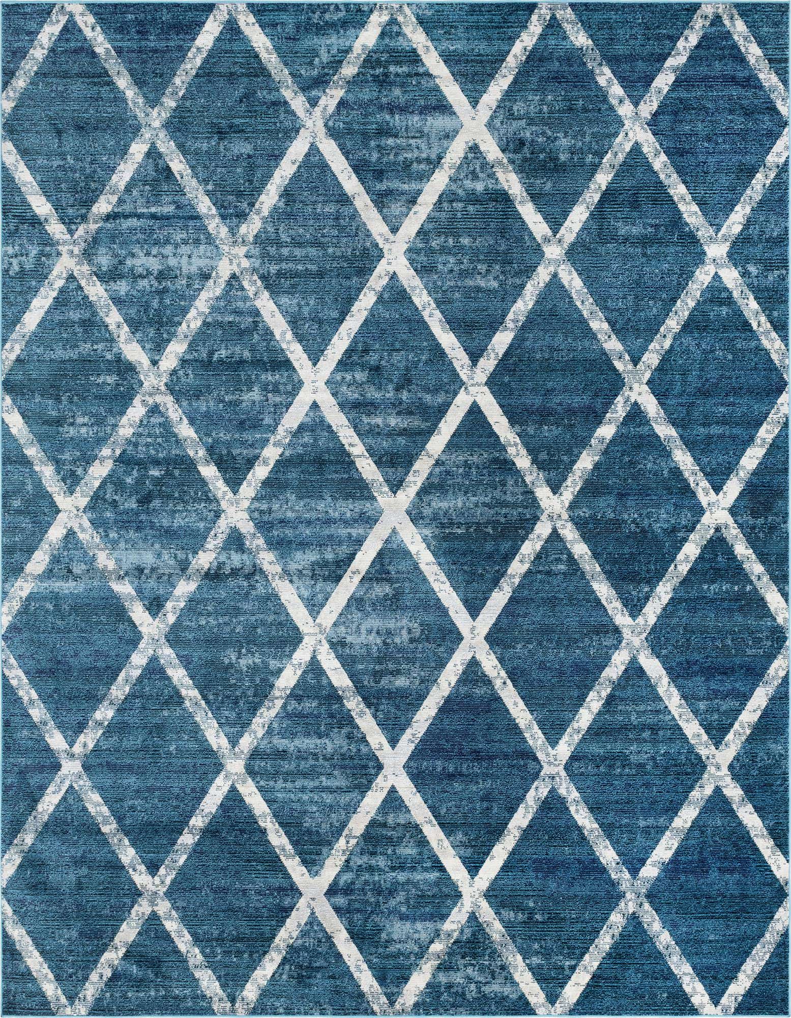 A 9x12 rectangular Starlight rug featuring a distressed navy blue background with a modern white diamond trellis pattern.