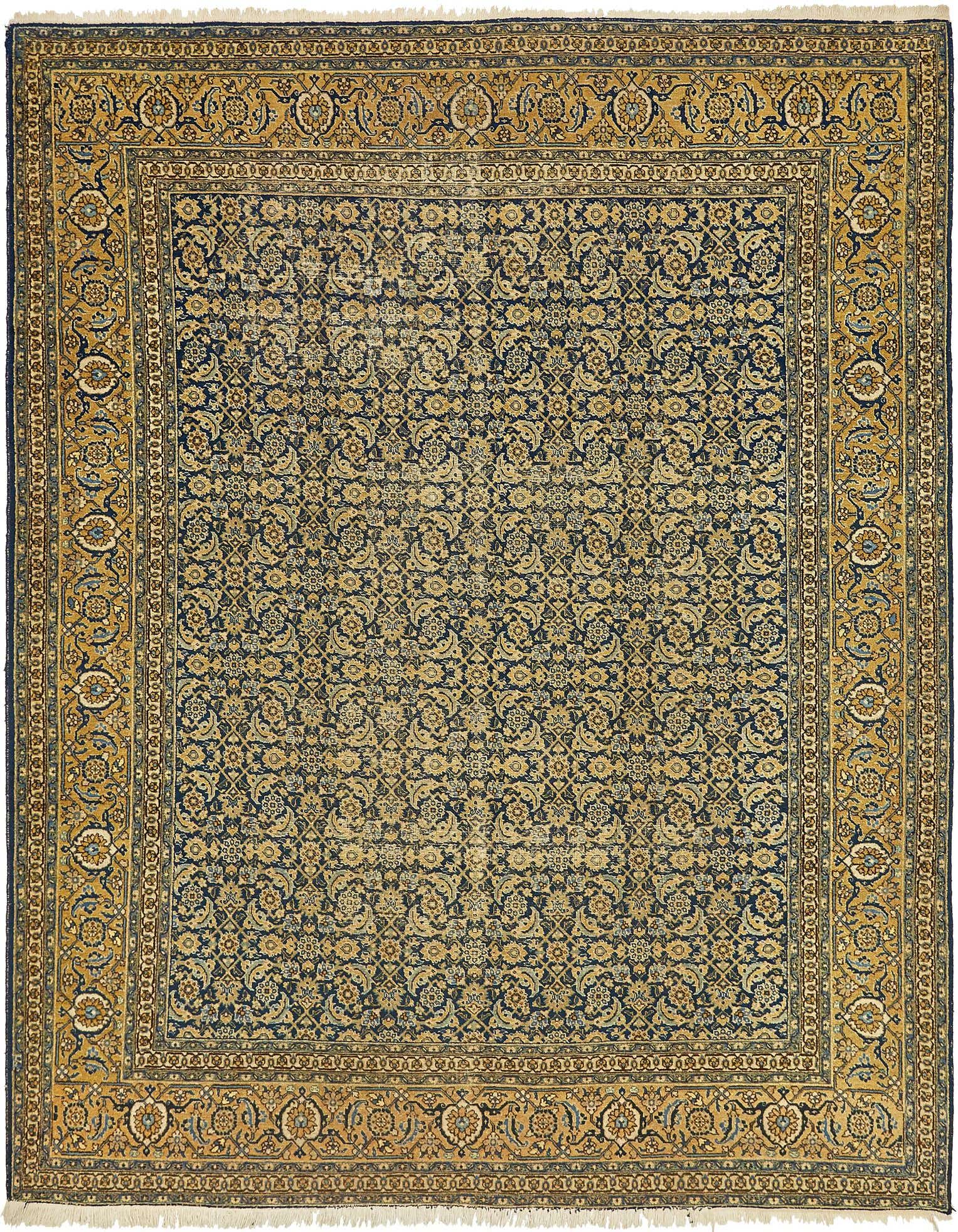 A 9x12 rectangular Tabriz rug featuring a traditional Persian botanical pattern in shades of navy blue and gold, with a detailed border.