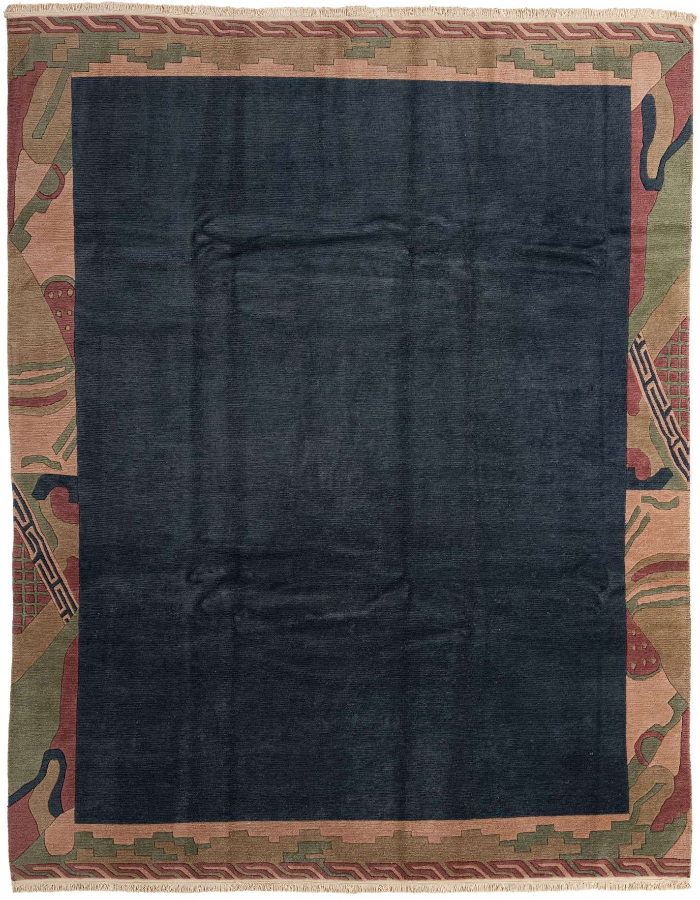 An 8x11 rectangular navy blue modern wool rug with an abstract oriental border in earthy tones.