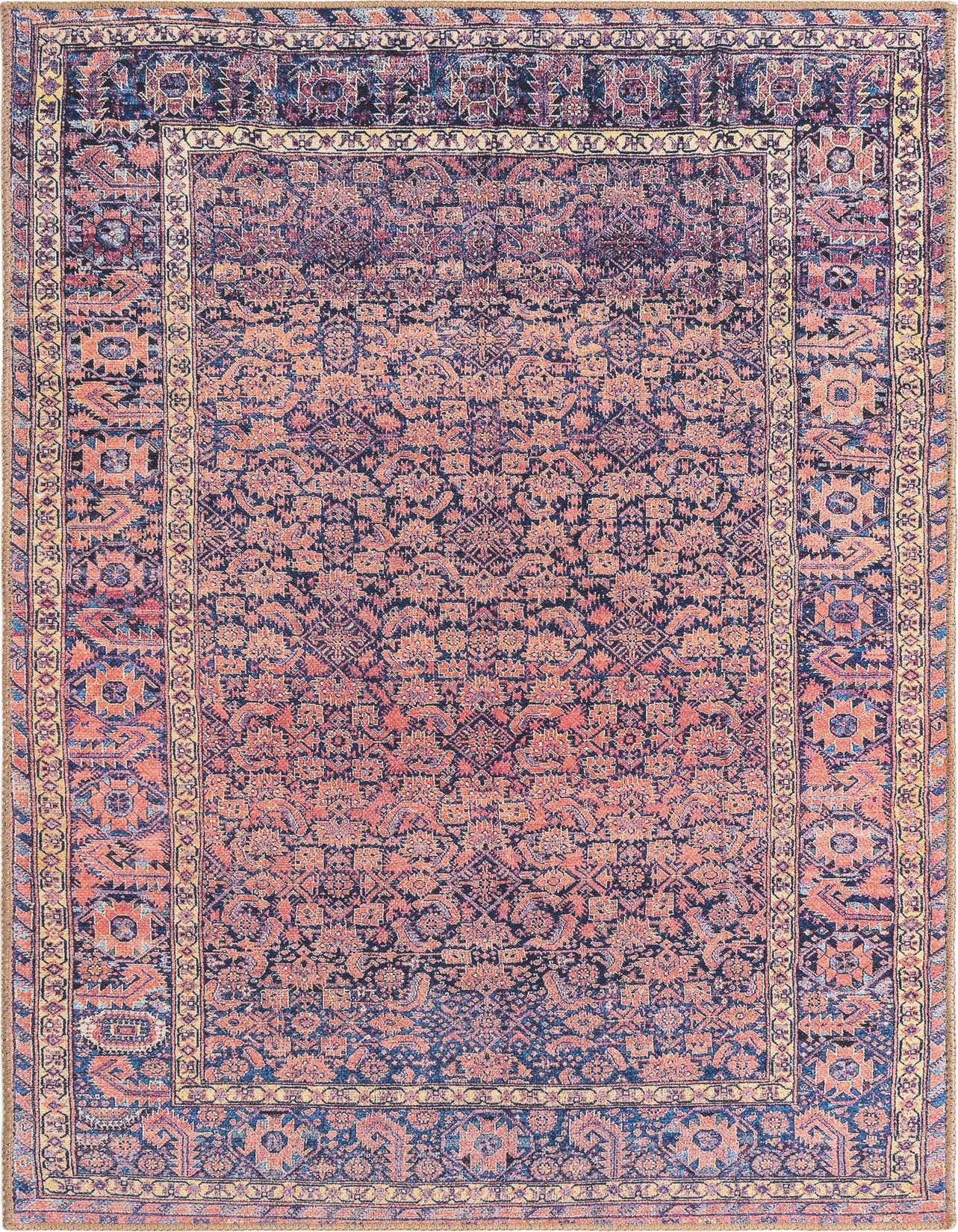 A 3x5 rectangular indoor rug featuring a distressed African Retro pattern in shades of navy blue and hints of peach, ideal for a living room.