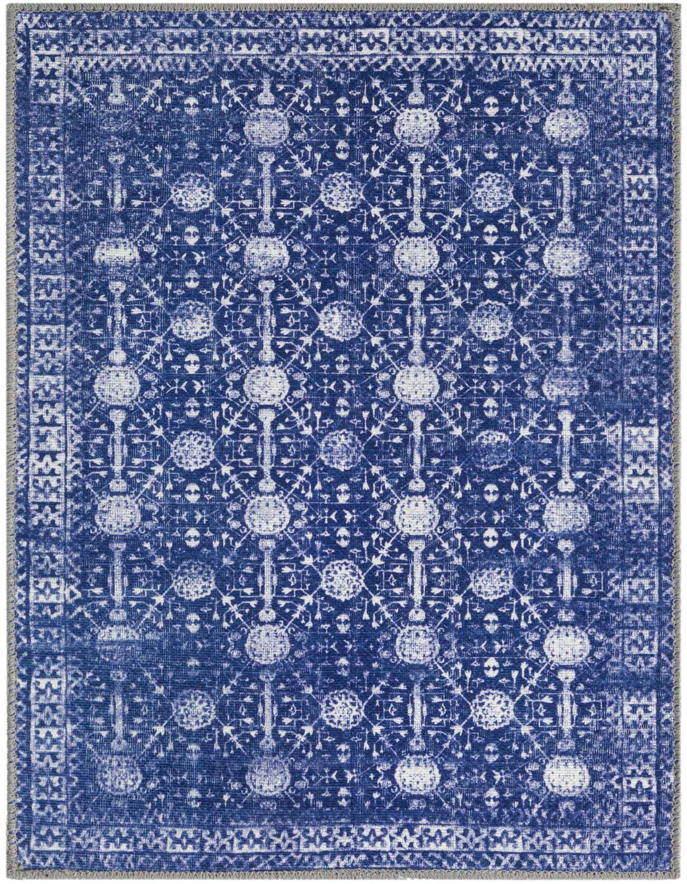 A 2x3 rectangular navy blue rug with a white distressed transitional floral and oriental pattern, featuring a textured flatweave pile.