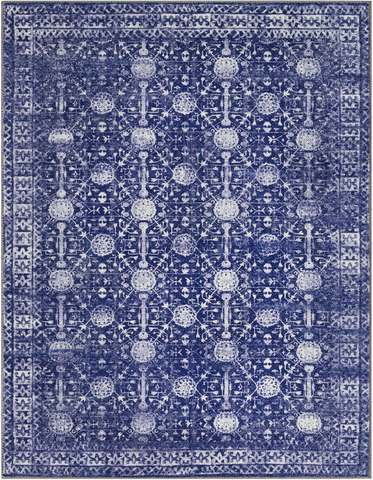 A 3x5 rectangular navy blue and white transitional rug with a distressed Oriental floral pattern.
