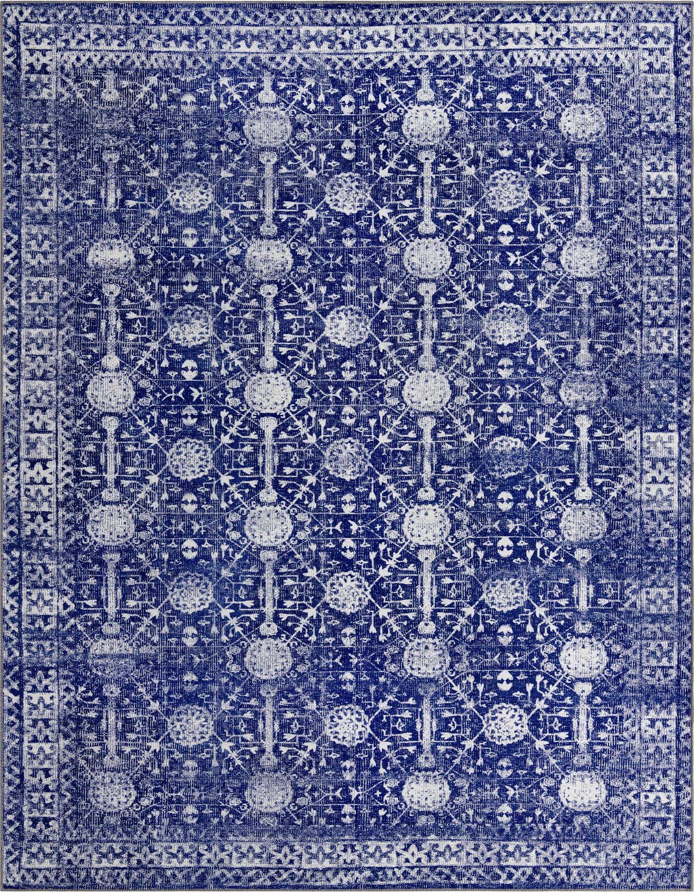 A rectangular 8x12 navy blue and white transitional area rug with a vintage-inspired floral and oriental pattern.