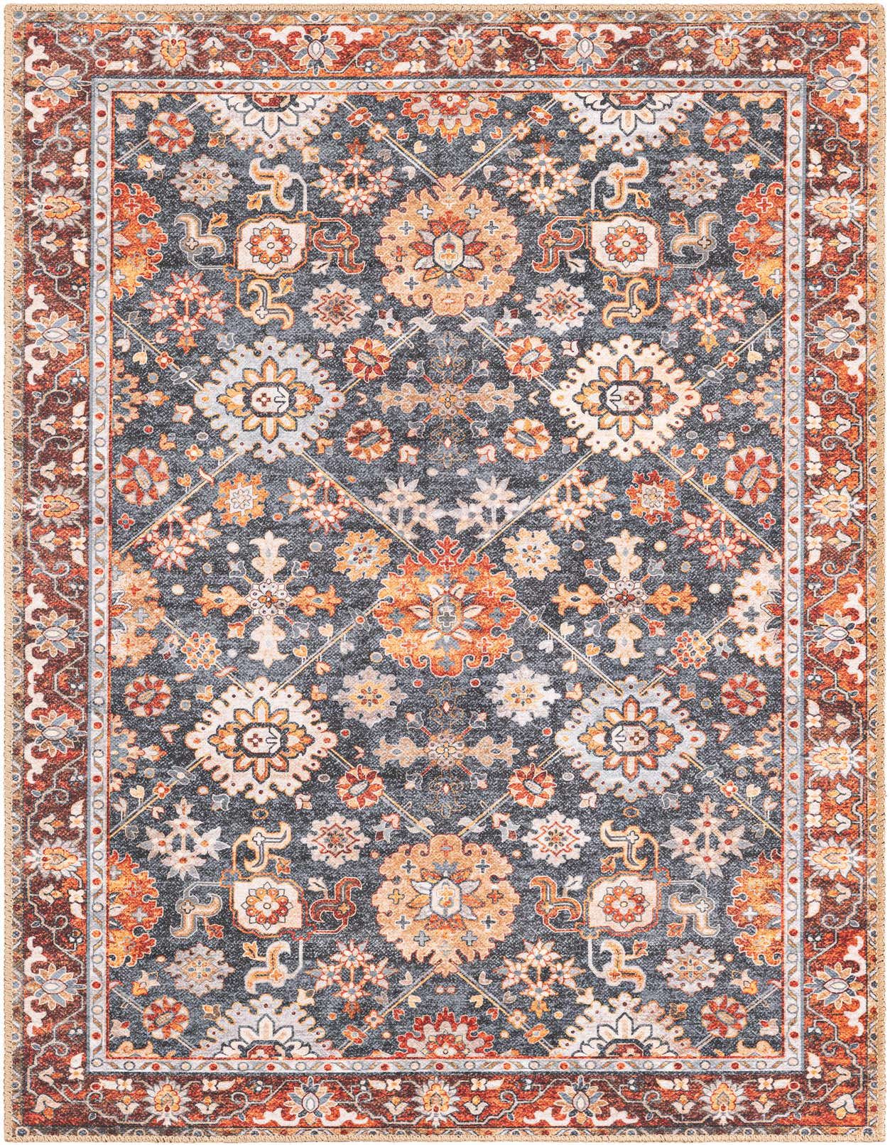 A 3x5 rectangular indoor rug with a navy blue background and a traditional Oriental medallion pattern in shades of orange, cream, and red, framed by a rust-colored border.